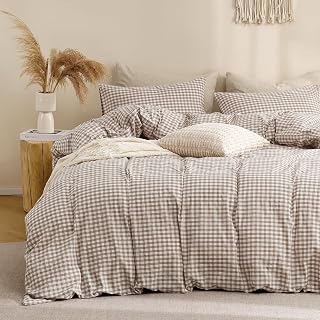 TOCOMOA Tan Gingham Queen Duvet Cover Set 100% Washed Cotton Soft Linen Feel 3-Piece Vintage Plaid Bedding (90x90")