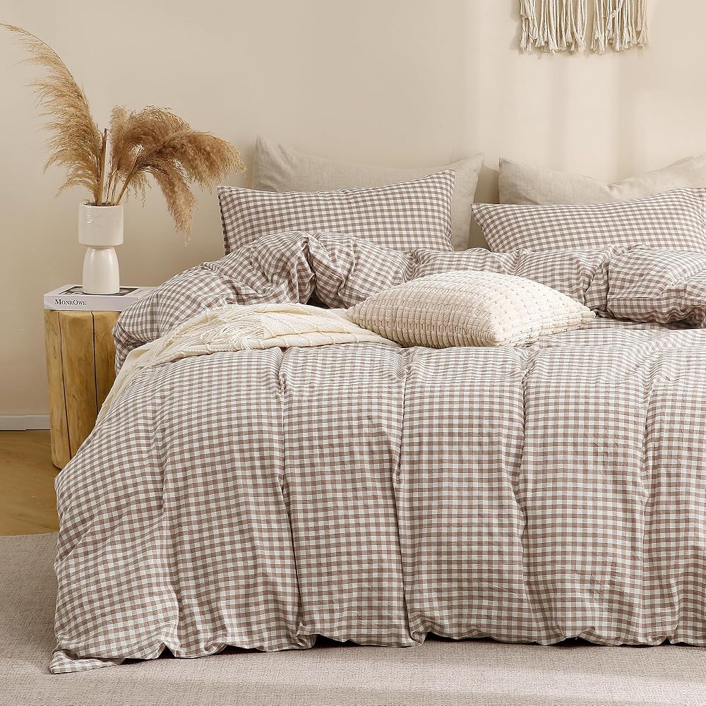 TOCOMOA Tan Gingham Duvet Cover Bedding Set Washed Cotton Like Linen