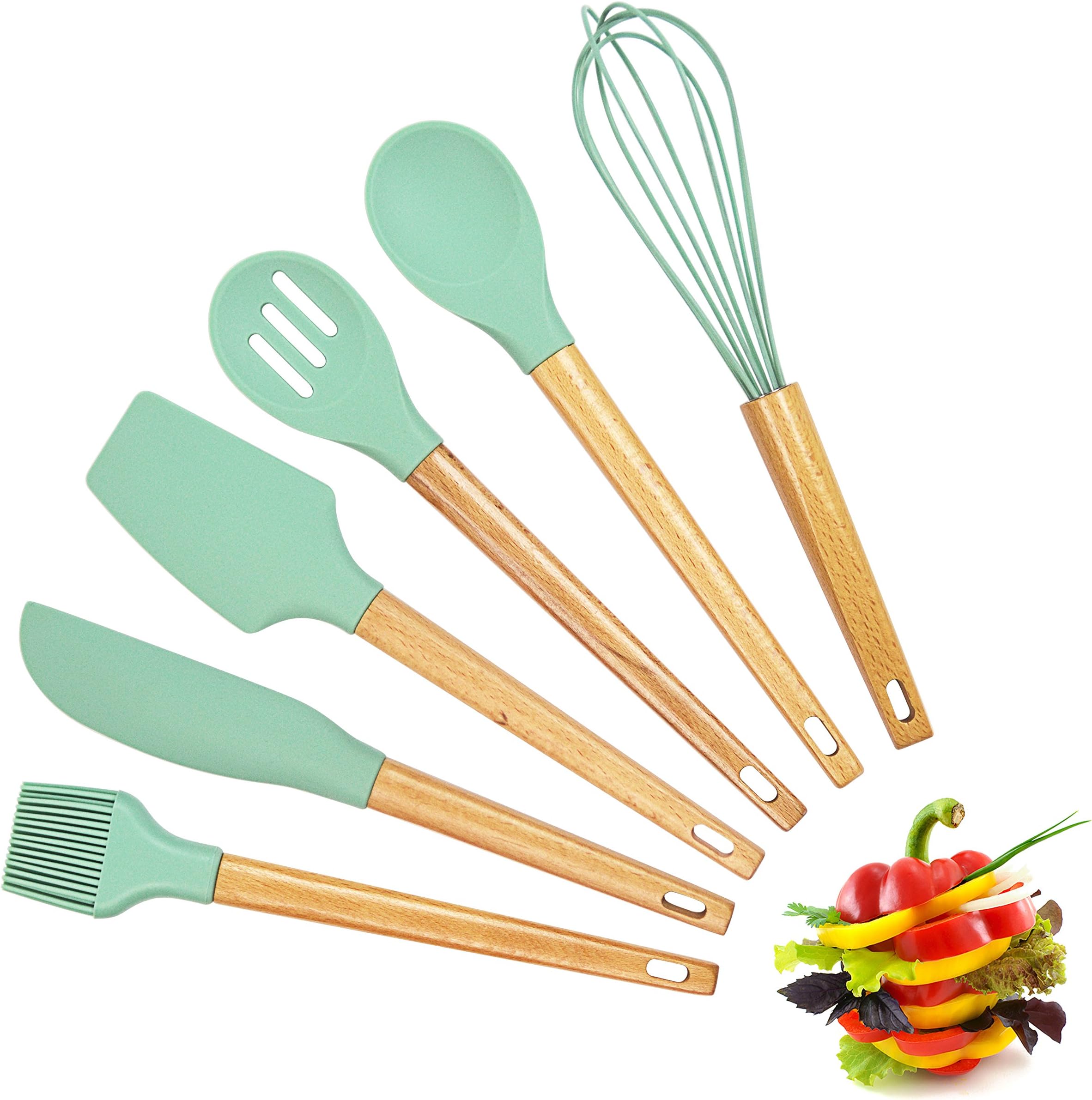Premium Baking Utensils Cooking Tools and Baking Accessories Silicone Spatula Set with Wood Handle Hygienic Quality Spatula Set of 6 Pieces Including Egg Whisk and Basting Brush (Mint)