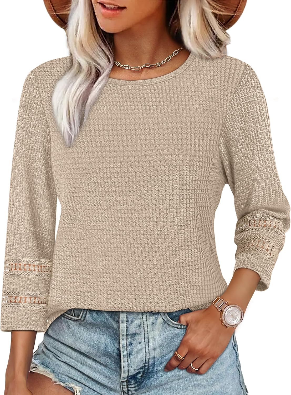 OFEEFAN Womens Tops Dressy Casual 3/4 Length Sleeve Shirts Fall Fashion 2026 Plus Size Lace Crochet Blouses Waffle Knit - Image 2