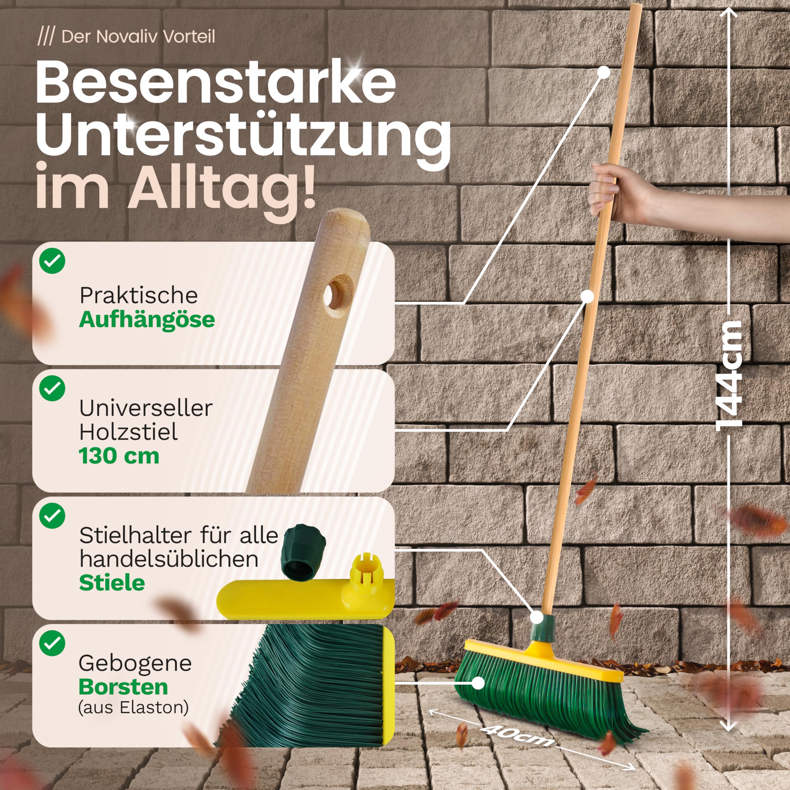 Novaliv 4X Krallenbesen 40 cm Kunststoff I Gartenbesen Outdoor Besen I Straßenbesen Kehrbesen (4, Besen + Holzstiel, 40 cm)