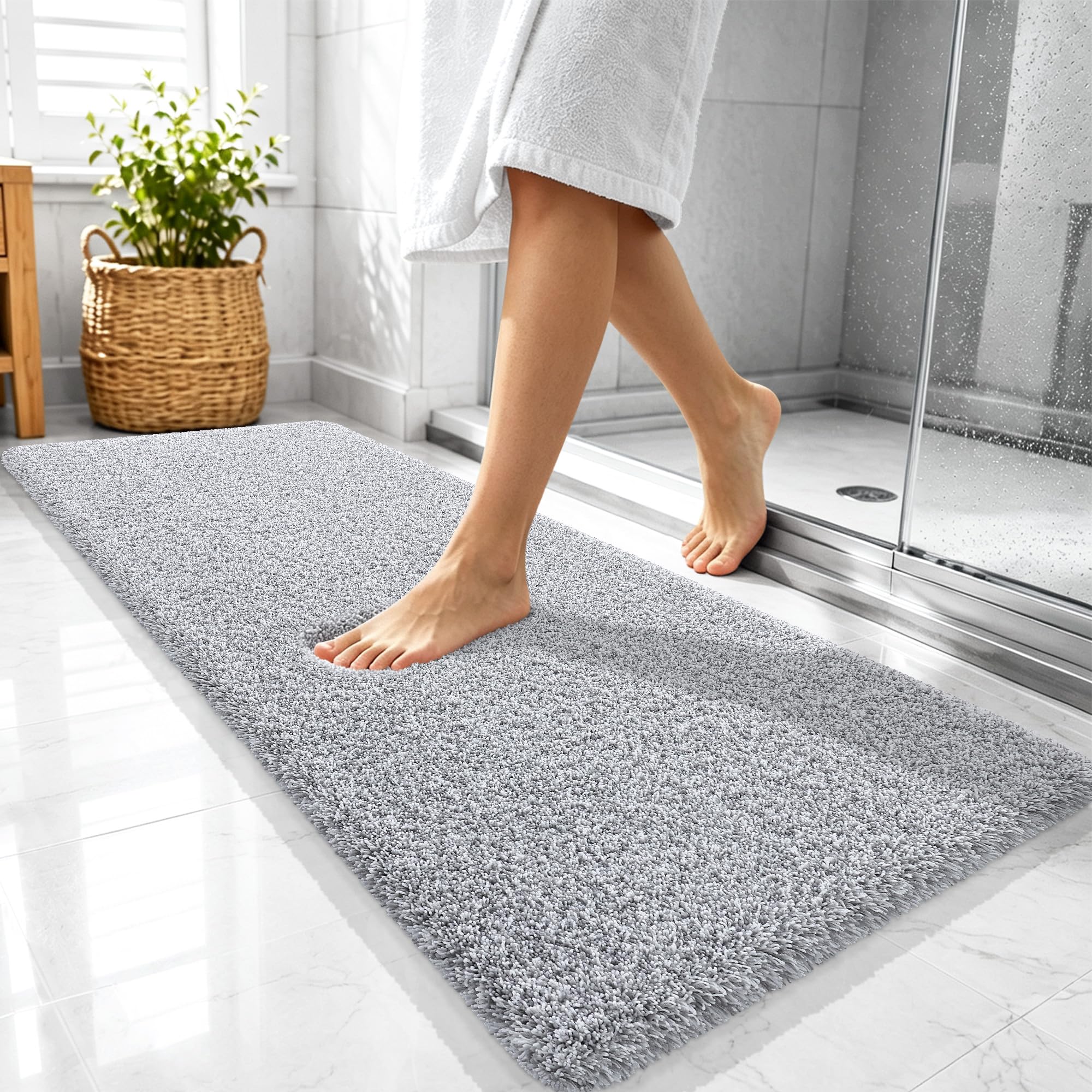 OLANLY Microfiber Bathroom Rugs 47x20, Quick Dry Bath Mat, Grey and White