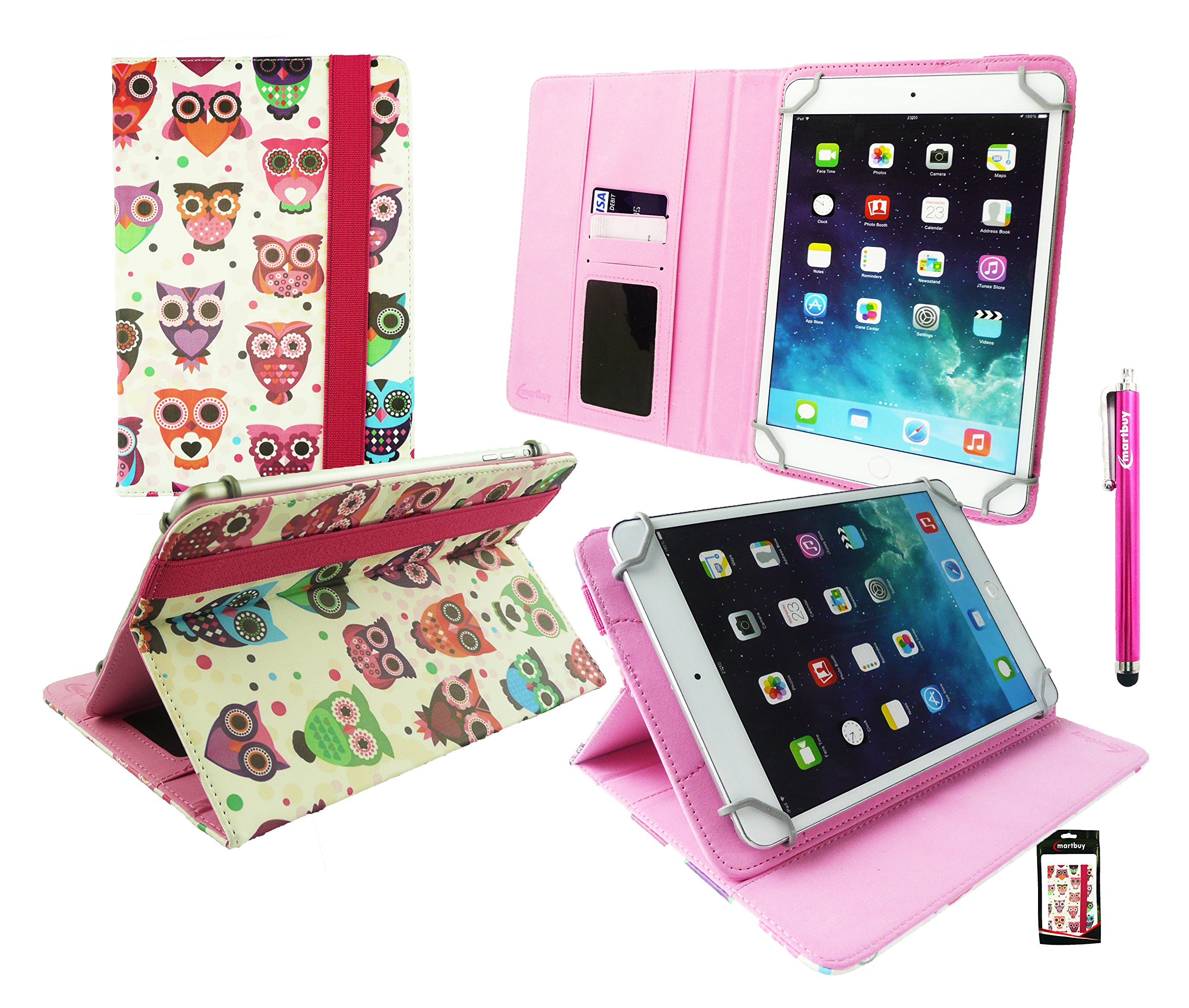 EmartbuyOSTECH 8 Inch Windows Tablet PC Universal Range Multi Coloured Owls Multi Angle Executive Folio Wallet Case Cover With Card Slots + Hot Pink Stylus