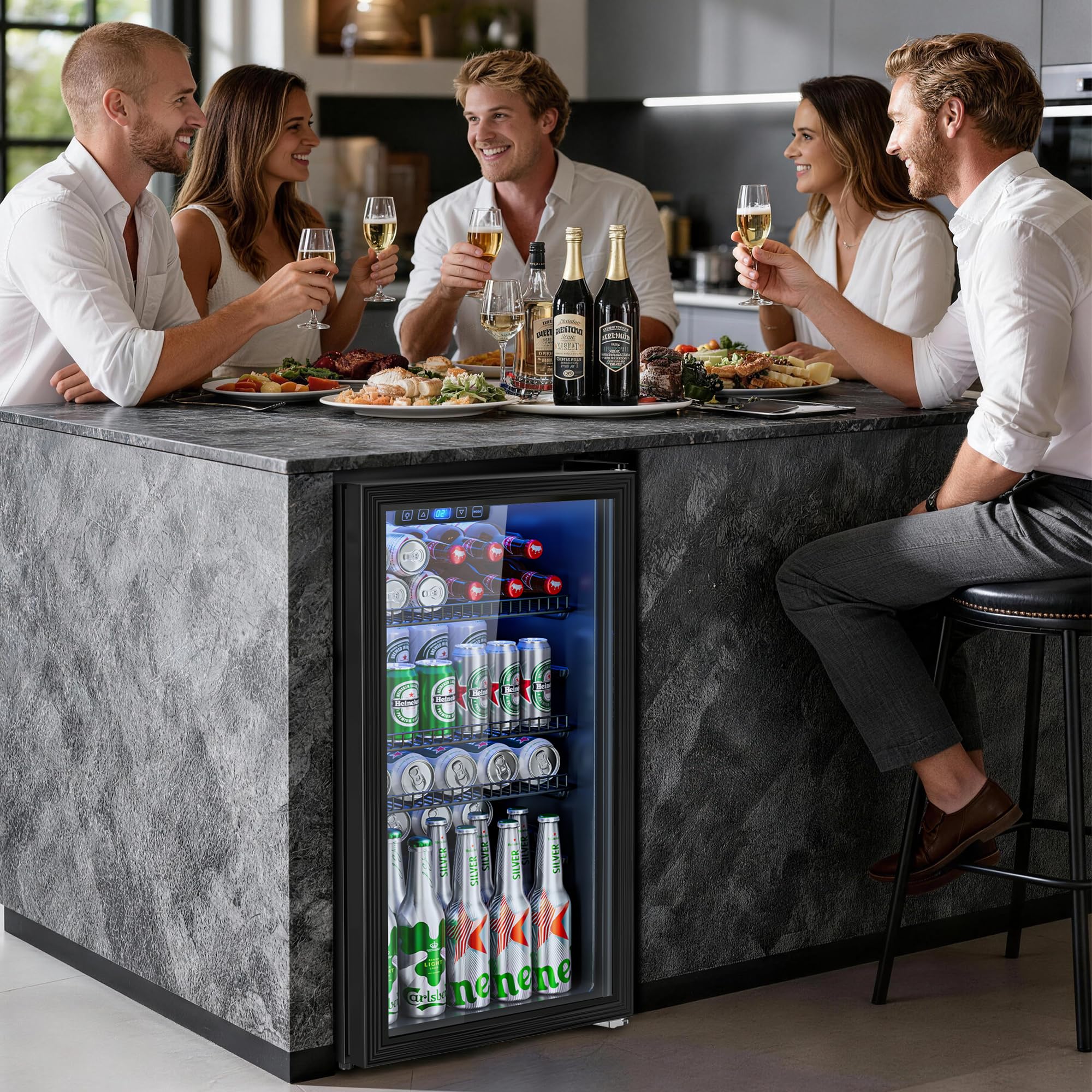 JUMMICO 90L Getränkekühlschrank mit Glastür, 125 Dosen Kapazität, verstellbare Regale, Kompakt-Design