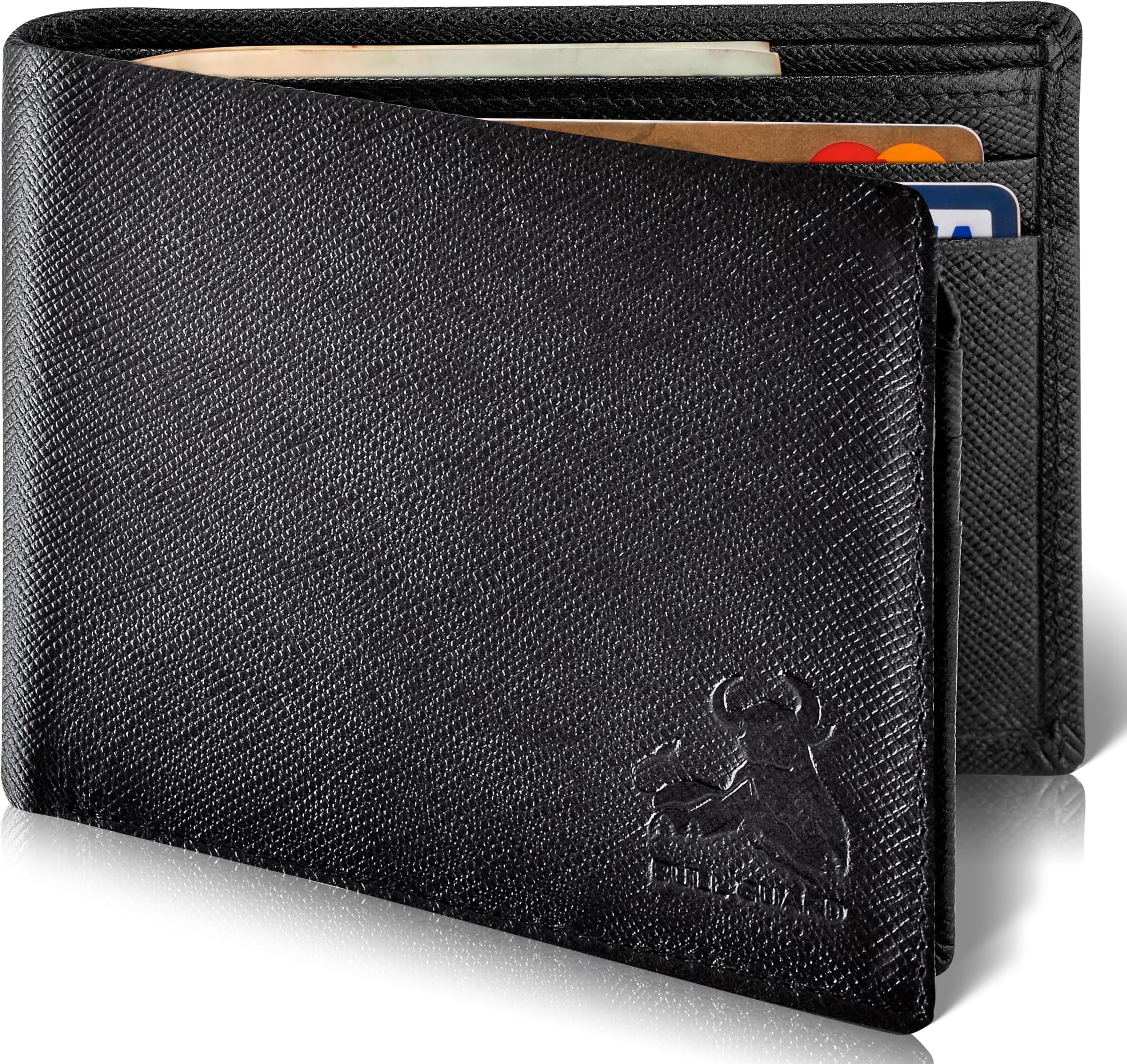 Mens RFID Leather Wallet Bifold on Black Saffiano Designer Leather, Secure and Durable Extra Capacity Billfold with 11 Credit Cards, Flip Up ID, Tight Stitching & Quick Thumb Push Access, Gift Boxed