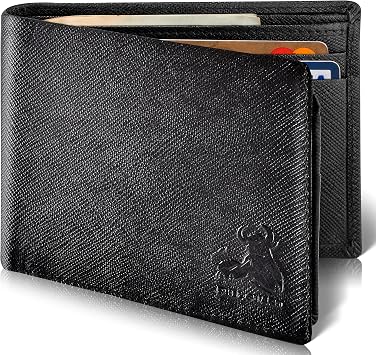 BULL GUARD Mens RFID Leather Wallet Bifold with Flip Up ID in Black Saffiano Leather