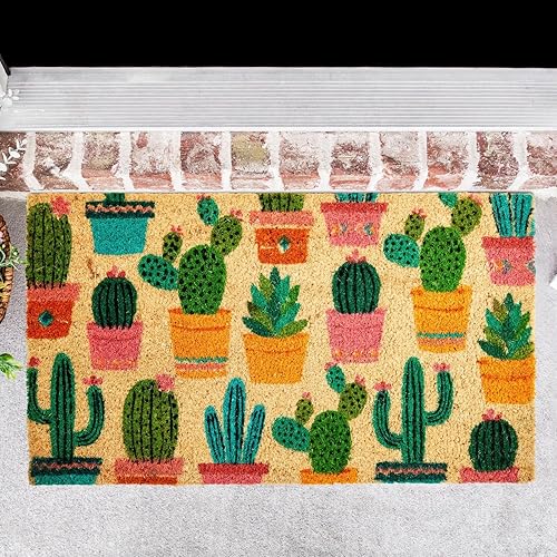 Miniatura 2 de Juvale Tapete de fibra de coco natural con diseño de cactus, 17 x 30 pulgadas, tapete de entrada con patrón de cactus verde, tapete de bienvenida