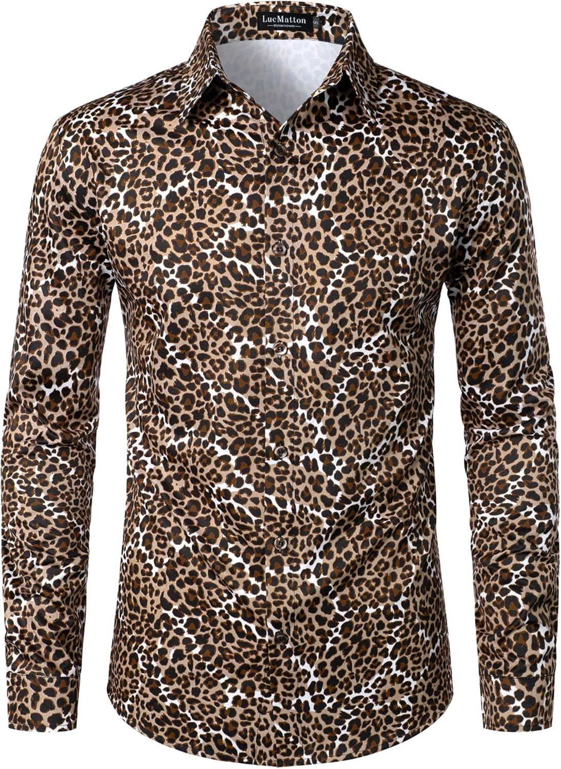 LucMatton Men's Leopard Print Long Sleeve Button Up Shirt Vintage Cheetah Animal Pattern Slim Fit Dress Shirt