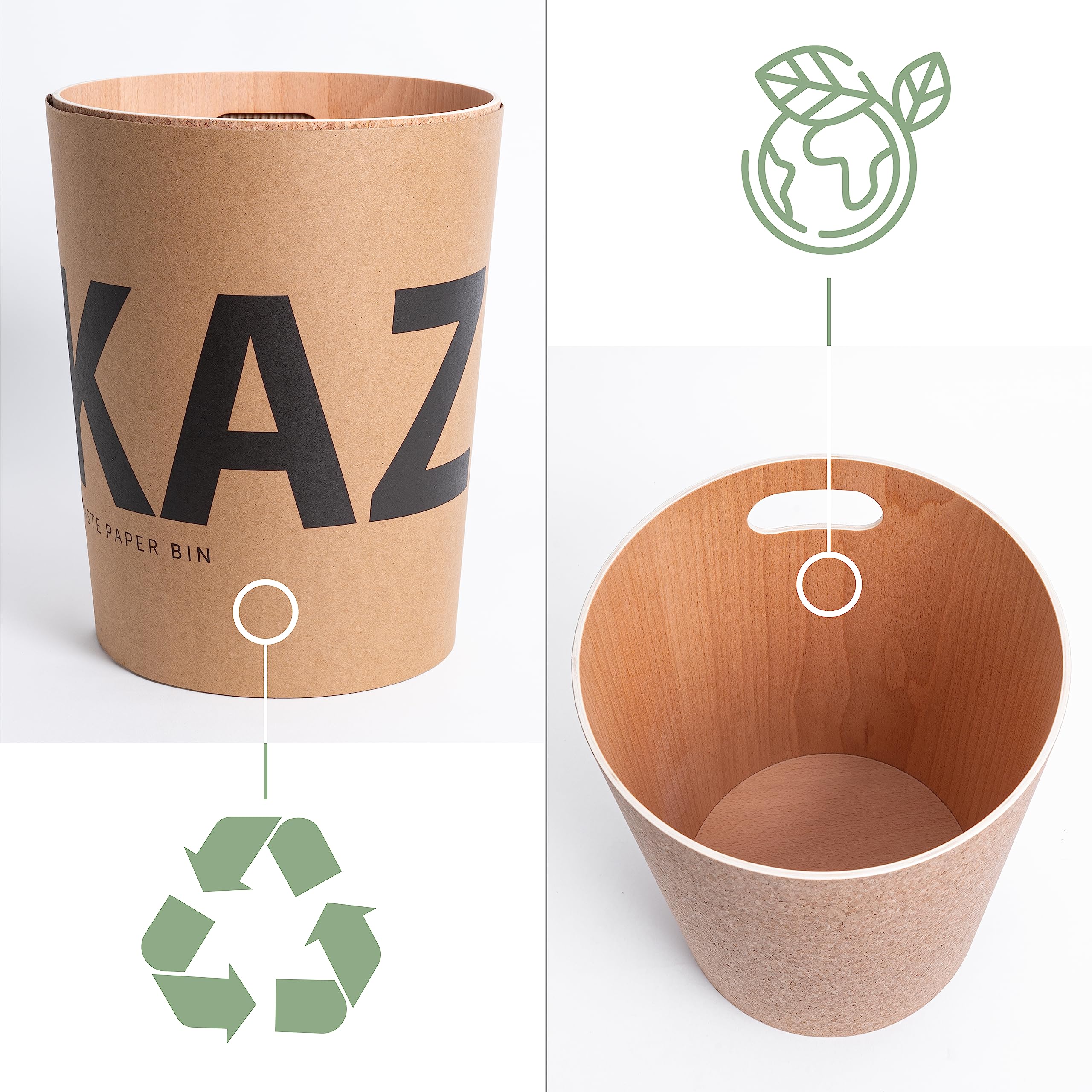 KAZAI. Prawdziwa Drewniana Kosz na Śmieci "Börje" | Nowoczesny Kosz na Papier do Biura, Pokoju Dziecięcego, Sypialni i Nie Tylko | 9 Litrów | Korek (klasyczny)
