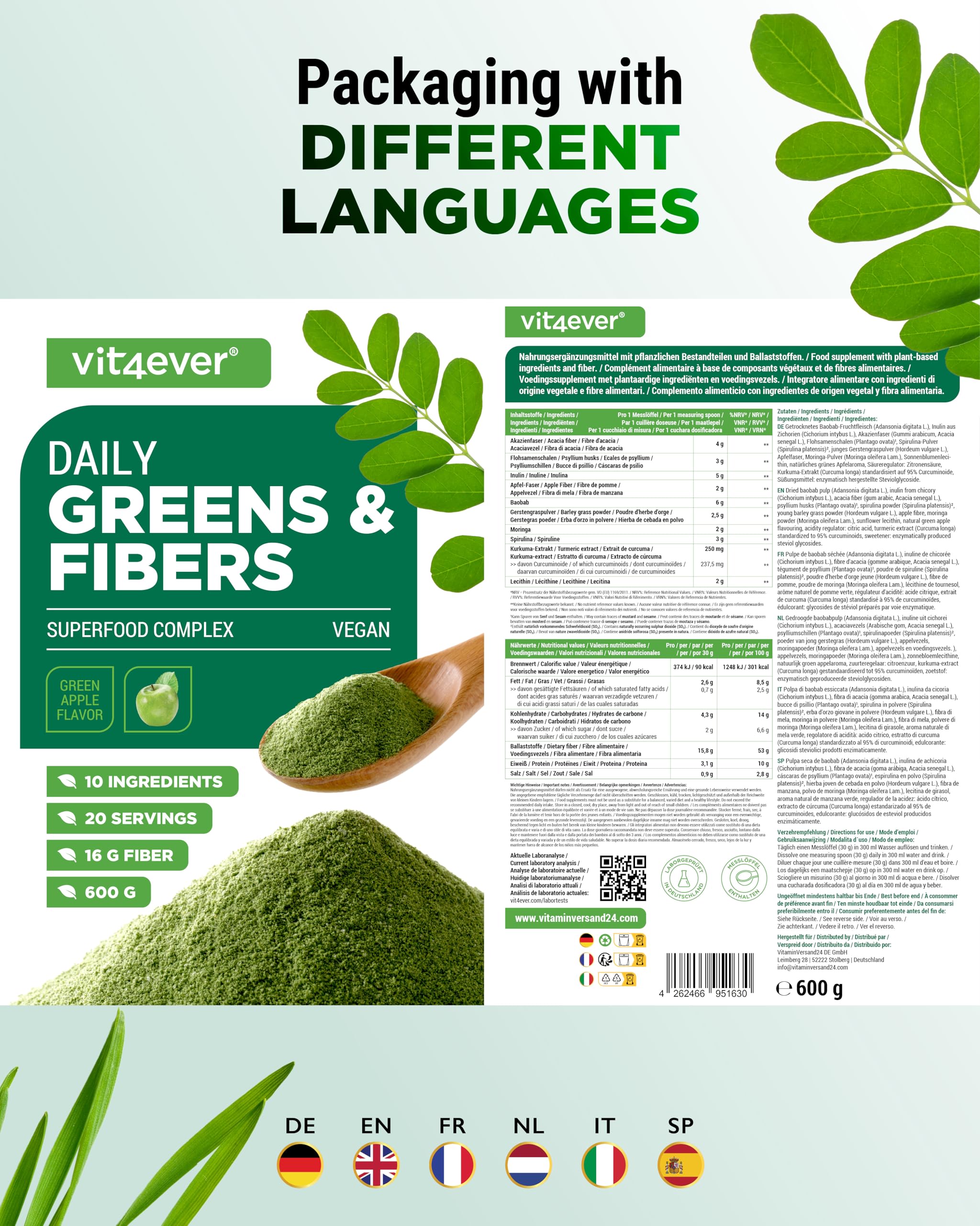 vit4ever Greens & Fiber Pulver - 600g - 16g Ballaststoffe & Superfoods | Flohsamen, Spirulina, Moringa, Gerstengras, Inulin, Apfelfaser, Kurkuma