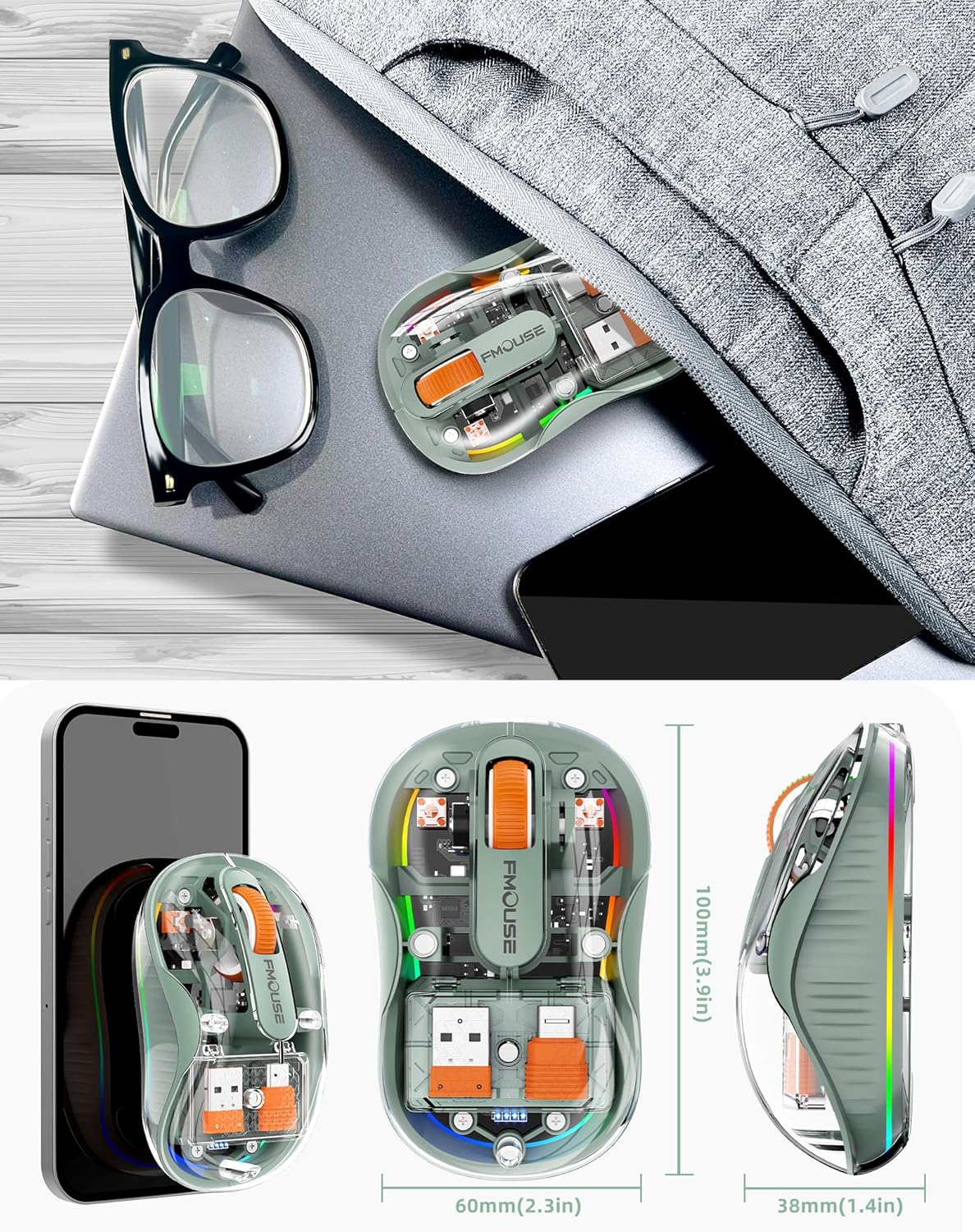 Bluetooth Wireless Mouse, Transparent RGB Tri-Modes Mouse,Bluetooth & 2.4GHz for Multi Device, USB-C Receiver Ideal for MacBook/Laptops, Rechargeable, Silent, Portable, Cool LED, Ergonomic - Green