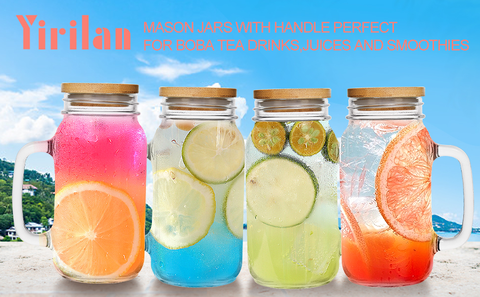 Amazon.com: Yirilan 4 Pack 24Oz Mason jar cups with lids and straws, Mason  Jars with Handle, Mason Jar Drinking Glasses with Lid and Straw, Mason Jar  Mugs : Home & Kitchen