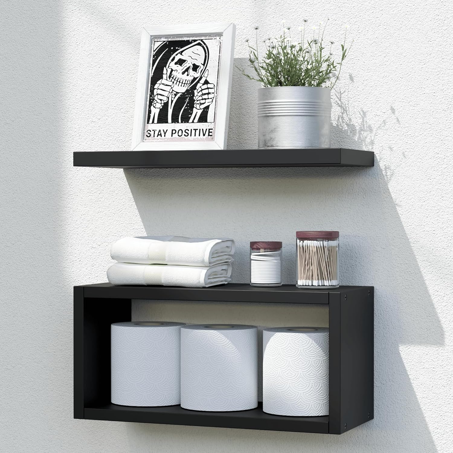 RICHER HOUSE Floating Shelves Bathroom, Black Floating Shelves for Wall, Above Toilet Bathroom Shelves, Wall Mounted Hanging Shelves for Bedroom, Kitchen, Living Room, Bathroom Decor - Black