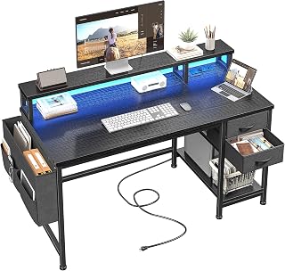 Bepatio 40 Inch Computer Desk with Storage Drawers, Corner Desk with LED Lights and Power Outlets, Home Office Desk with Monitor Stand for Bedroom, Office, Black