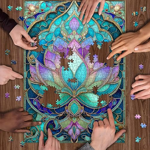 Miniatura 6 de Rompecabezas de flores de loto de vidrieras para adultos de 1000 piezas, rompecabezas floral de loto con mandala vintage, hermoso rompecabezas duro