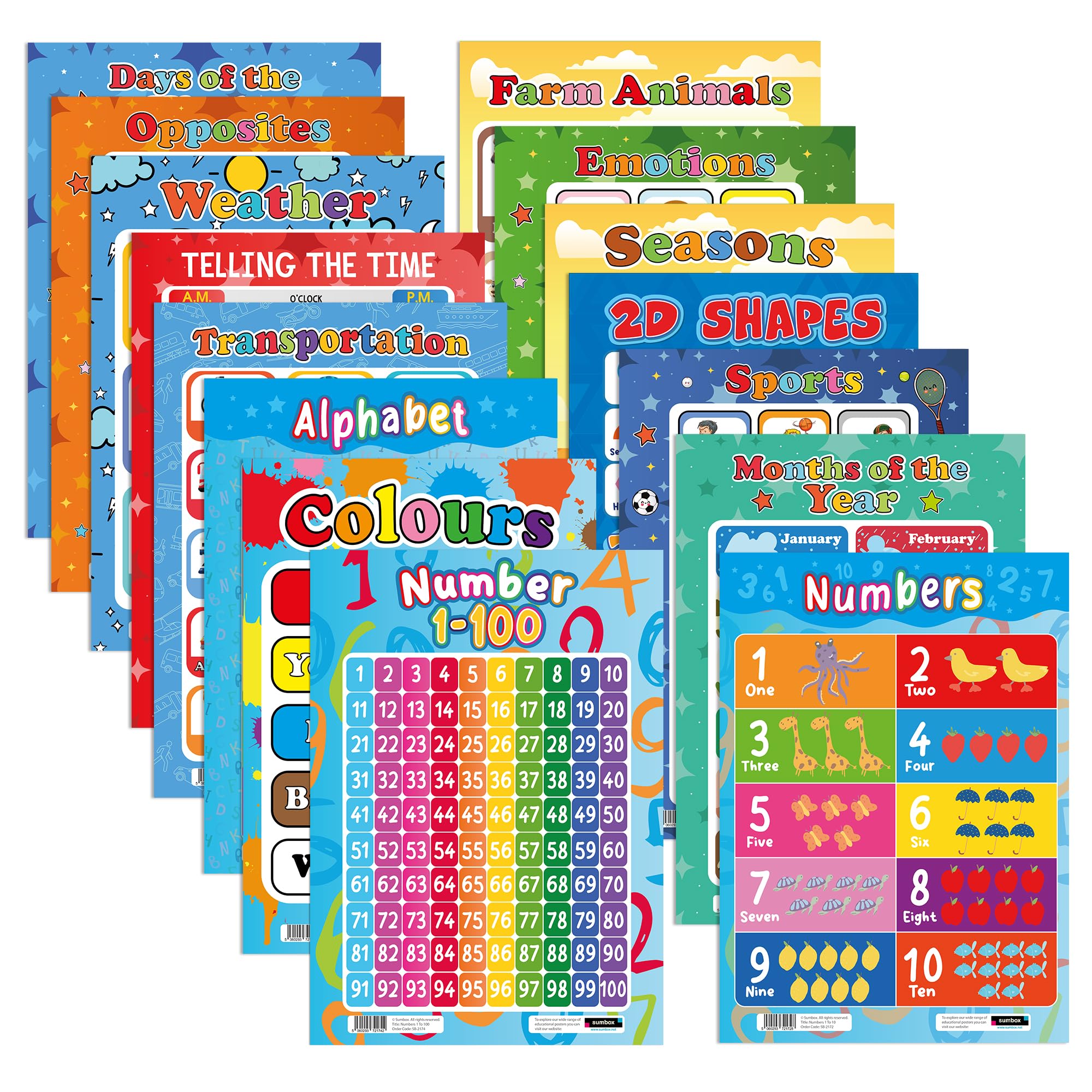 Sumbox Multicoloured Educational Posters 15 Pack A3 Size Early Years Learning Wall Charts Classroom Or Home