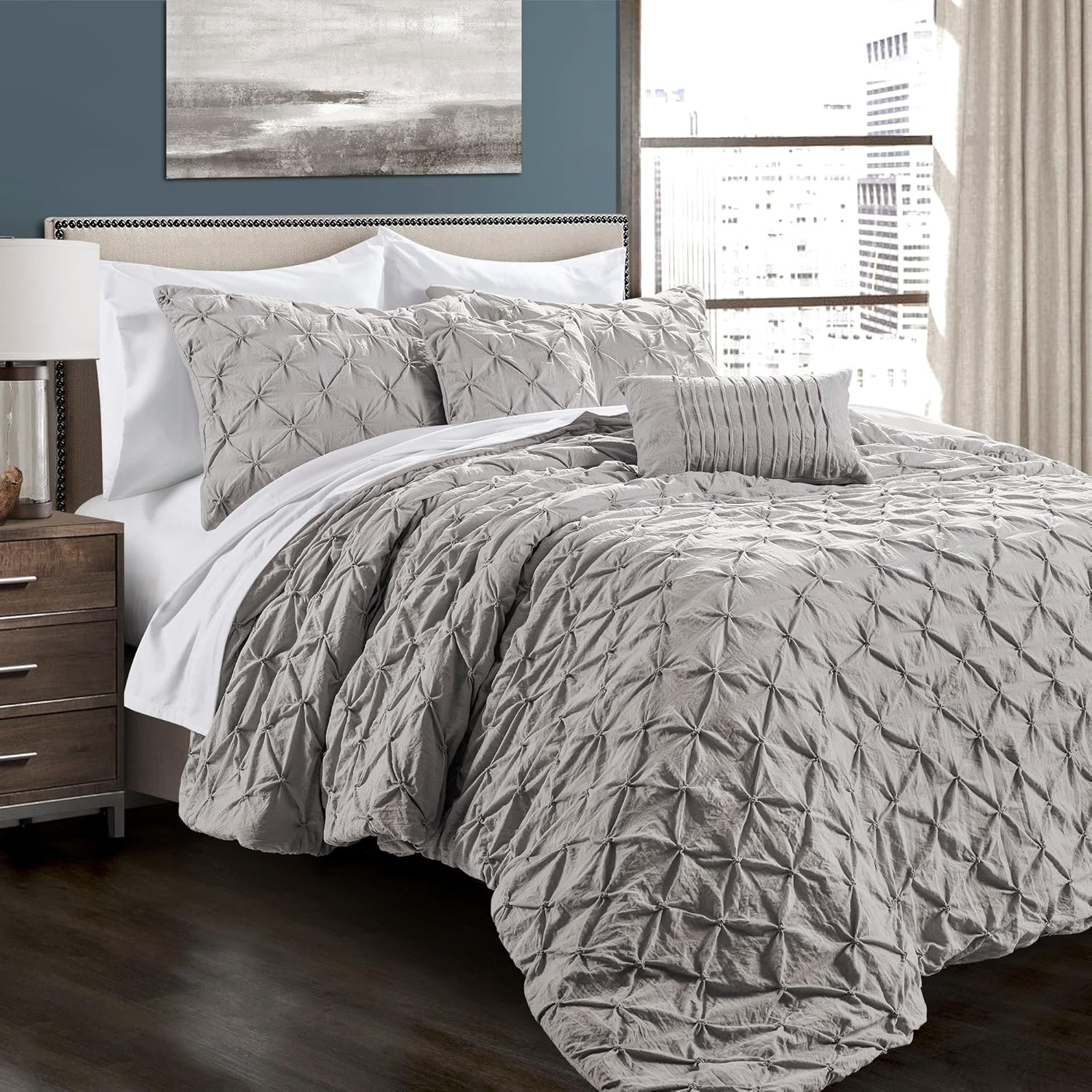 Lush Decor Ravello Pintuck Comforter Set - Luxe 5 Piece Textured Bedding Set - Traditional Glam & Farmhouse Inspired Bedroom Decor - King, Stormy Blue