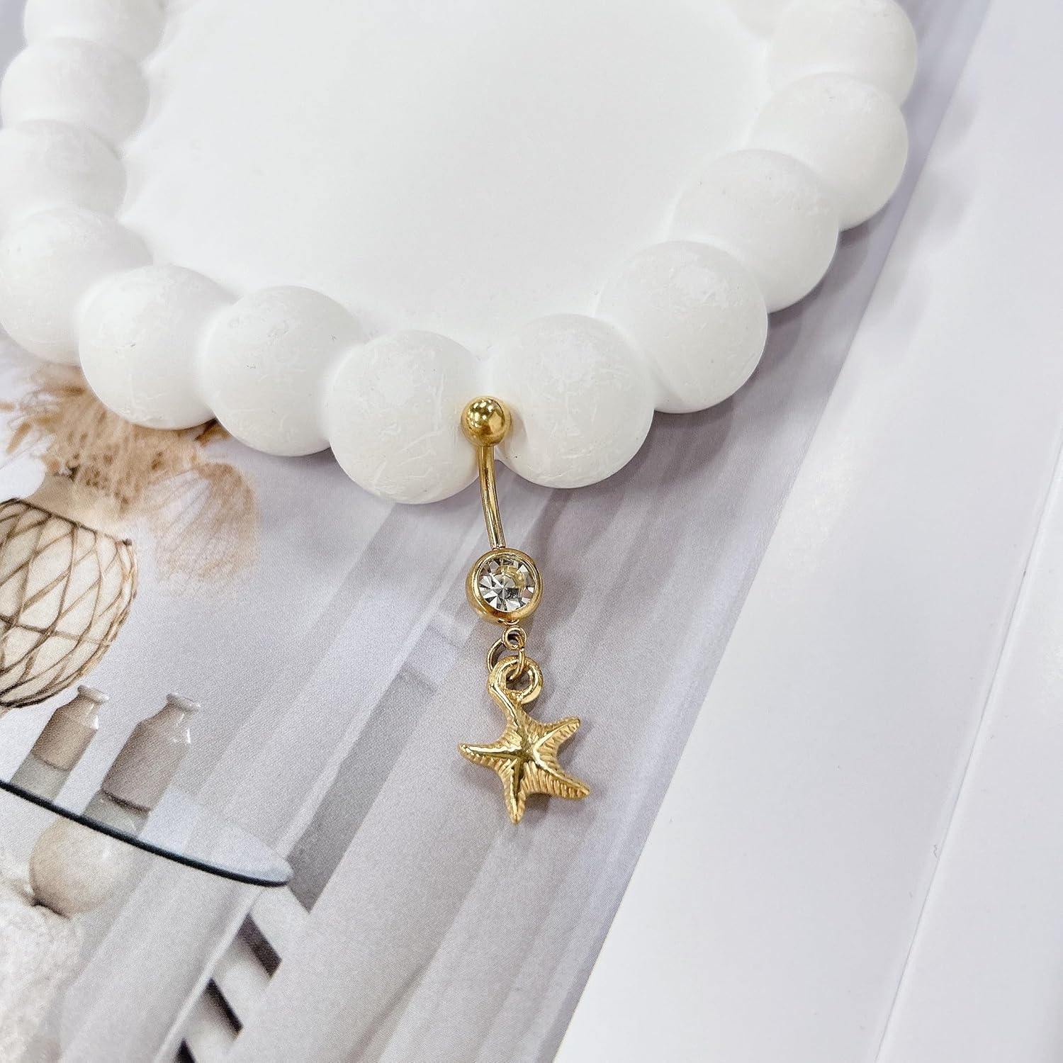 14G Starfish Dangle Belly Button Ring for Women Stainless Steel Rhinestone 18k Gold Plated Star Dangling Navel Rings Curved Barbell Studs Bar Simple Sexy Body Piercing Ocean Summer Beach Jewelry - Image 5