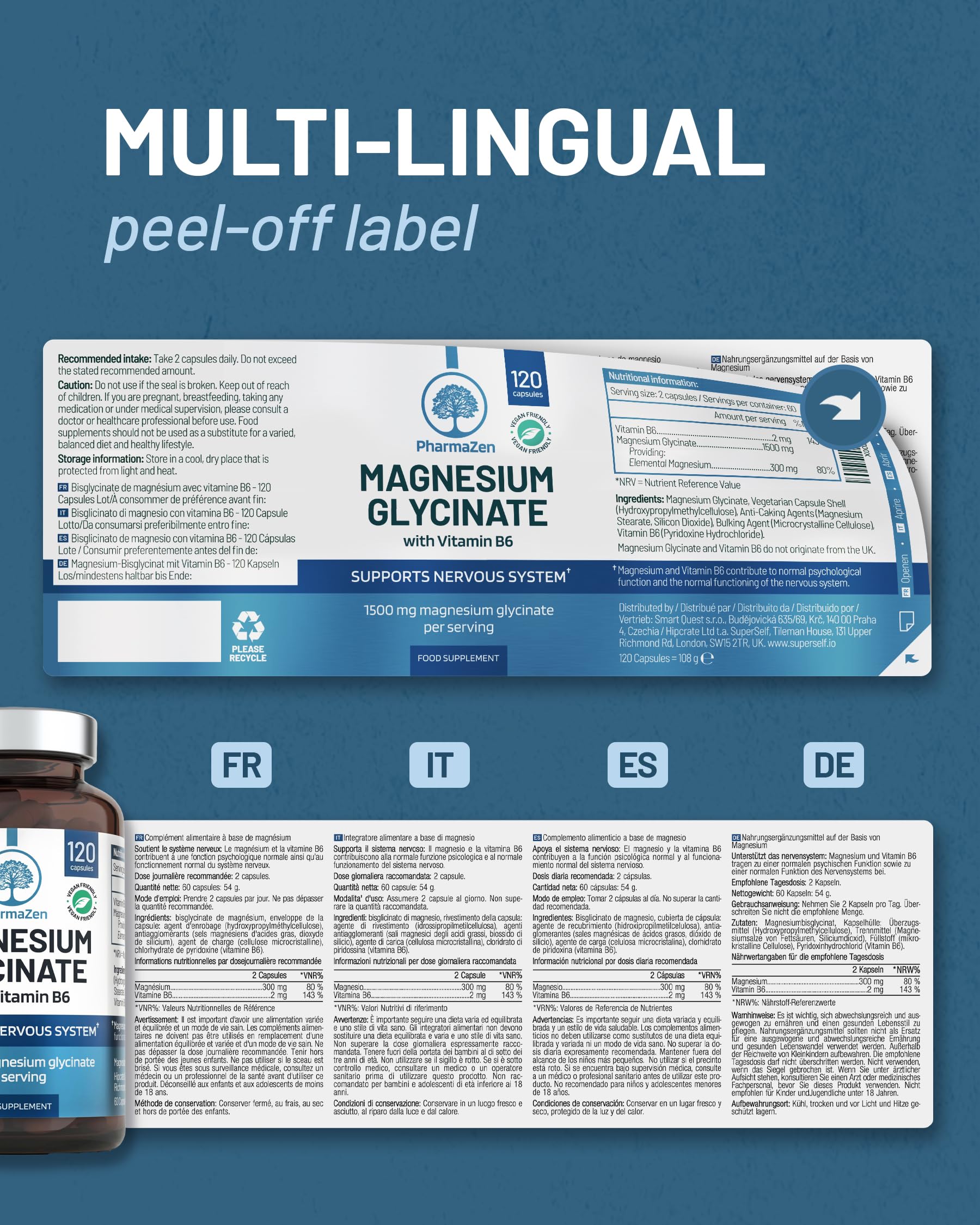 Bisglicinato de Magnesio 1500 mg - Sueño y energía - 300 mg de magnesio puro con vitamina B6 - Glicinato quelado - 120 cápsulas veganas - Alta absorción - PharmaZen