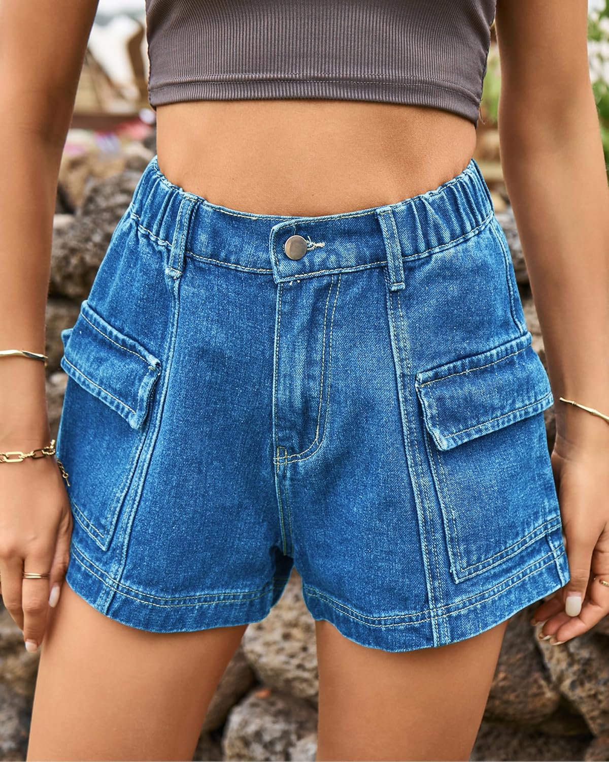 HVEPUO Womens High Waisted Cargo Jean Shorts Y2K Casual Summer Denim Shorts Elastic Waist Pull On Shorts with Pockets - Image 5