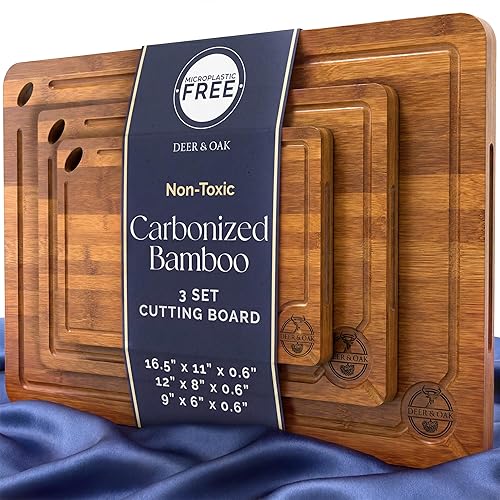 Pre-Oiled, Non Toxic 3-Piece Carbonized Bamboo Cutting Board Set, Eco-Friendly