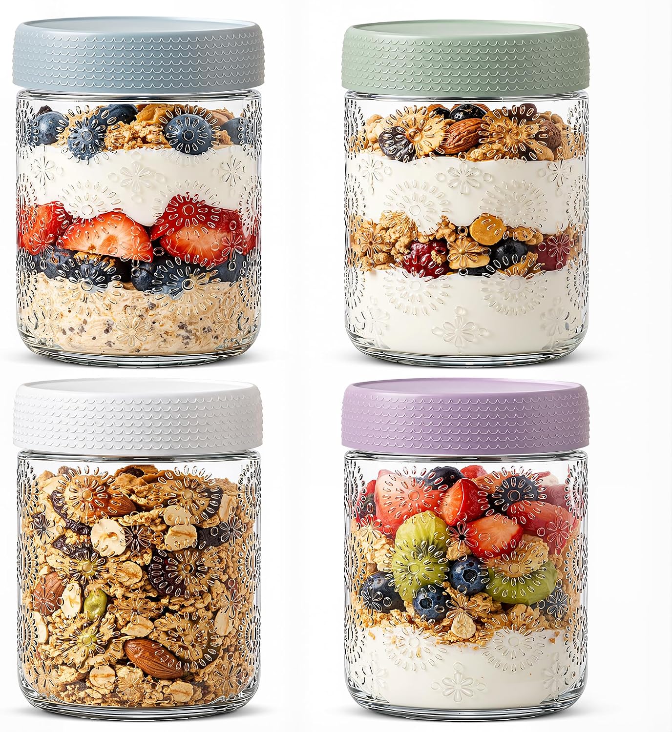 Glass Storage Jars, 4 Pack, Floral Pattern with Textured Lids