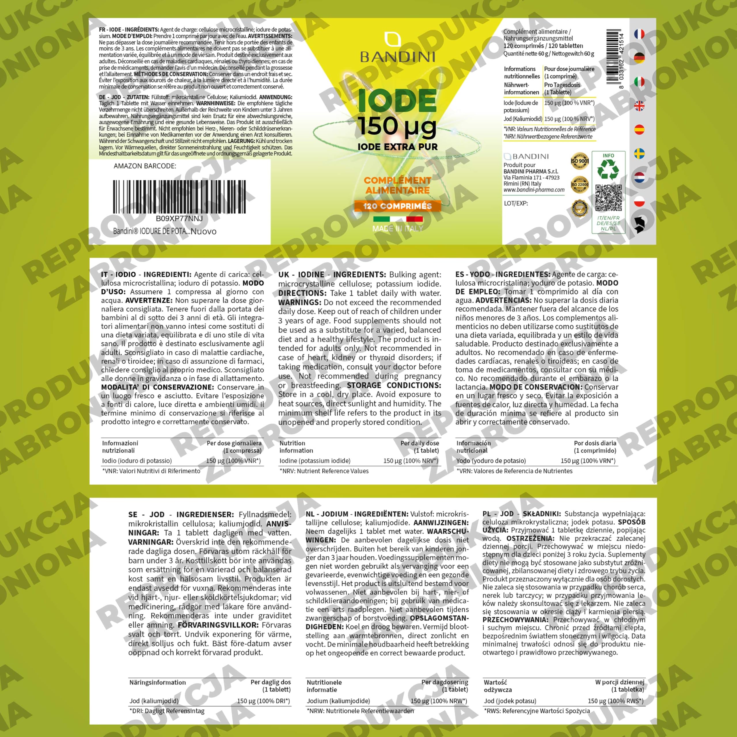 Bandini® JODEK POTASU - Bardzo czysty jod dużej dawce - 150 mcg (NA TABLETKĘ) - 120 Mikrotabletek - Suplement diety z jodem KI, w dużych dawkach, 100% wegański, GMP, bezglutenowy, bez laktozy, bez GMO