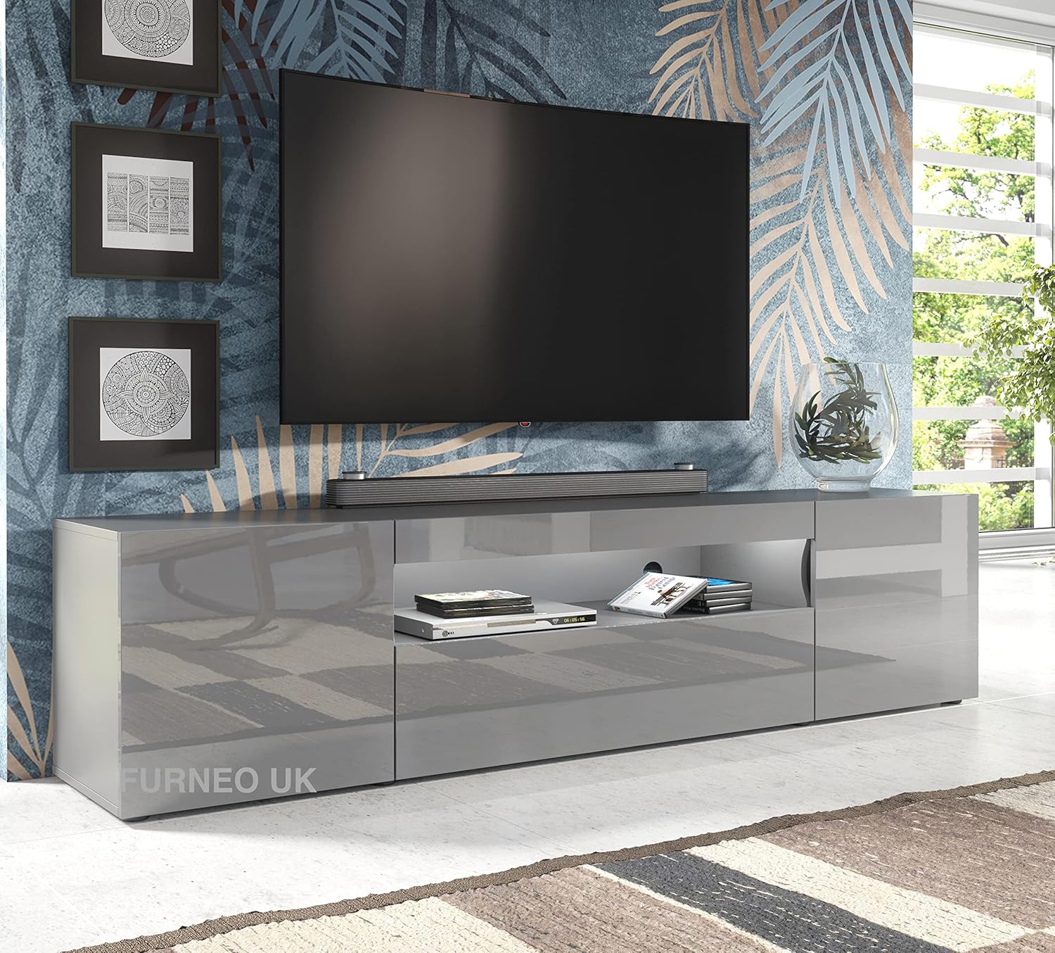 Furneo 200cm Long TV Stand Unit Matt & High Gloss Grey
