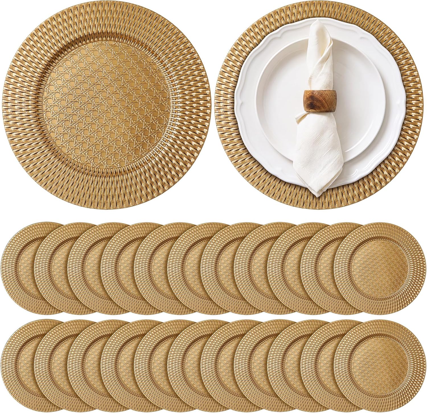 13 Inch Charger Plates Set of 24 Gold Plastic Faux Rattan Woven Texture Round Decorative Plate Chargers for Dinner Wedding Party Banquet Table Decor Thanksgiving Christmas (Gold,Stylish)