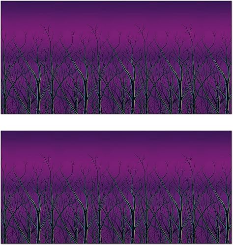 Beistle Telones de fondo de pared espeluznantes de árboles del bosque, 4 x 30 pies, paquete de 2  decoración de Halloween morada, fondo de fotos,