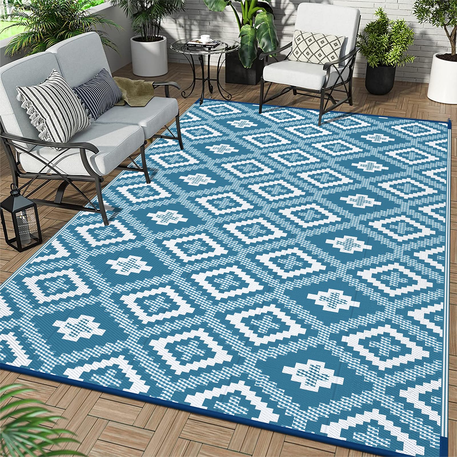 Enyhom Grande tappeto da esterno impermeabile reversibile paglia plastica 180x270 cm blu tortora