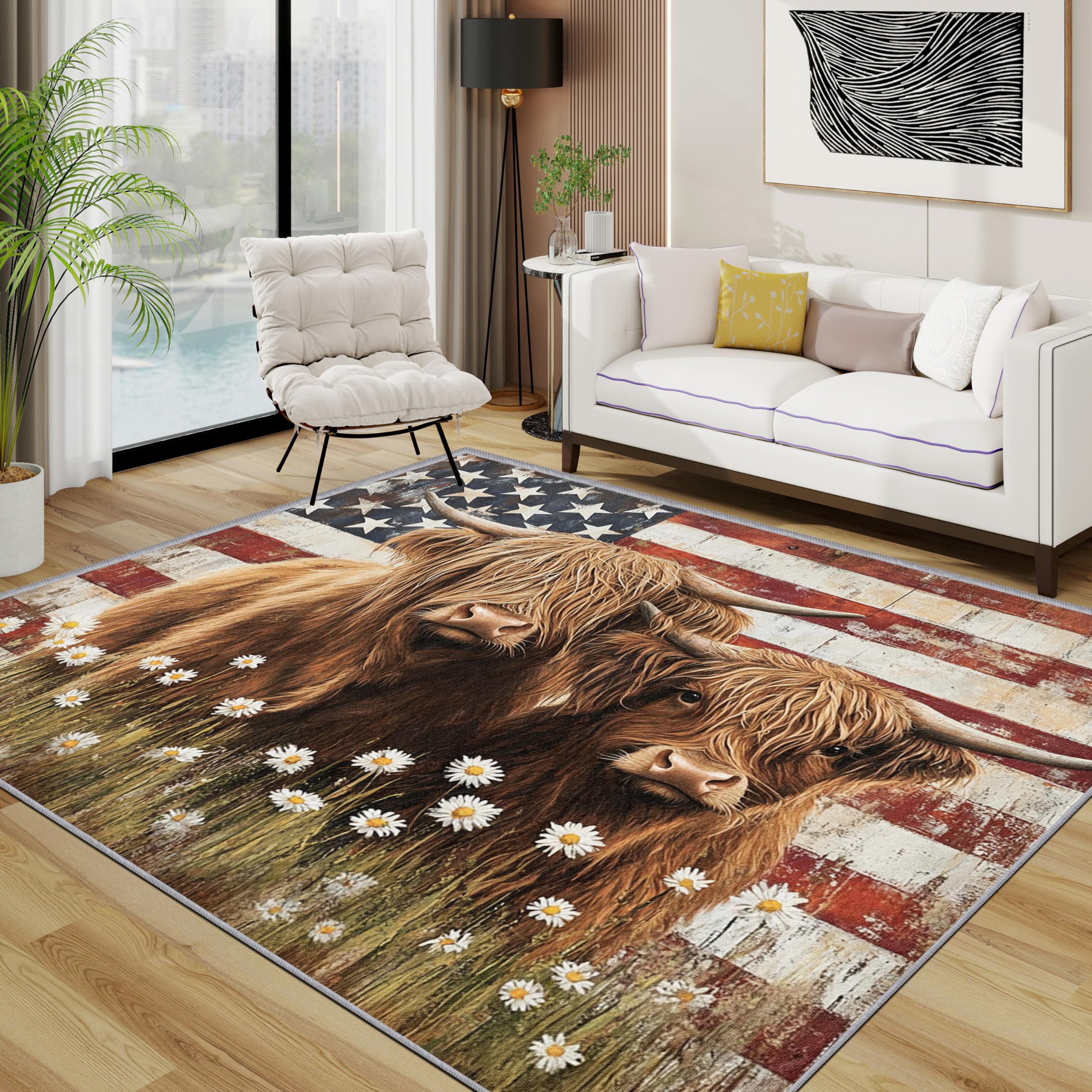 Highland Cow Rug - Vintage Distressed American Flag Small Rugs for Bedroom 60x90, Daisy Farm Animal Floor Mat Soft Washable Non Slip Indoor Mats, Highland Cow Room Decor