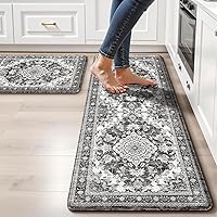 tubeamin Boho Anti-Fatigue Kitchen Mats 2-Piece Set, Non-Slip Waterproof Cushioned Rugs 10mm Thick, Grey 17.3x47 + 17.3x28 for Sink Laundry
