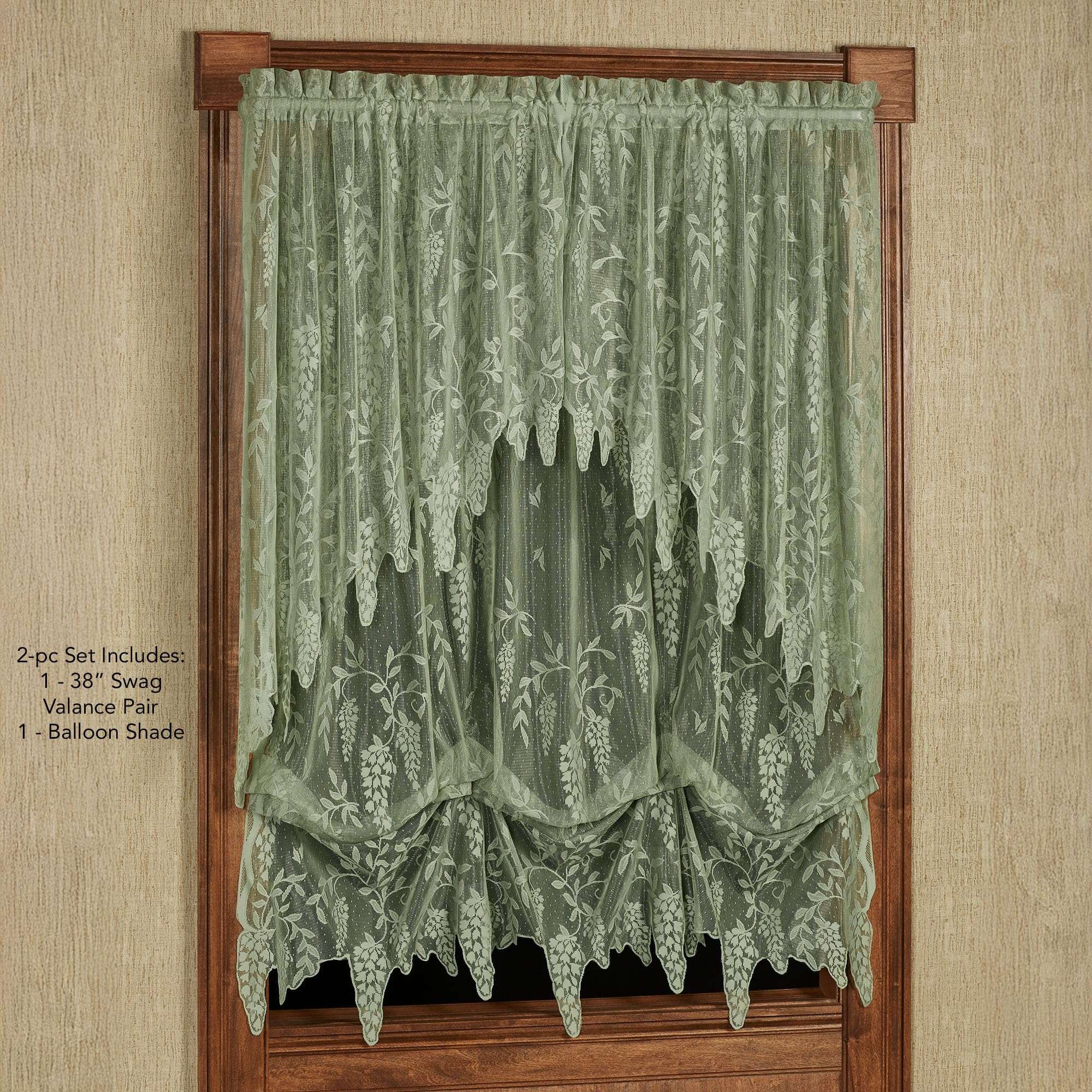 Luxury Sheer Polyester Wisteria Arbor Lace Window Treatment | 2 Piece Set 38L Swag Pair and Balloon Shade | Classic Timeless Traditional | Flower | Sage | Rod Pocket | Machine wash | Light Filtering
