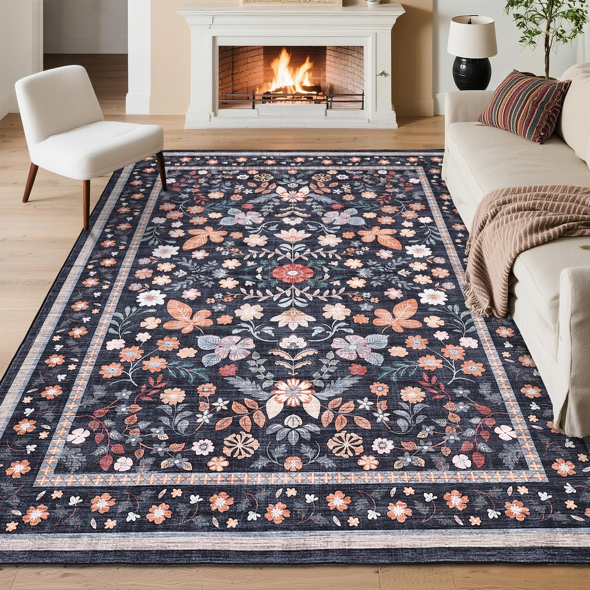 Tapis GarveeHome Motif Bohème 5,1x3,4m – Lavable, Antidérapant (Noir)
