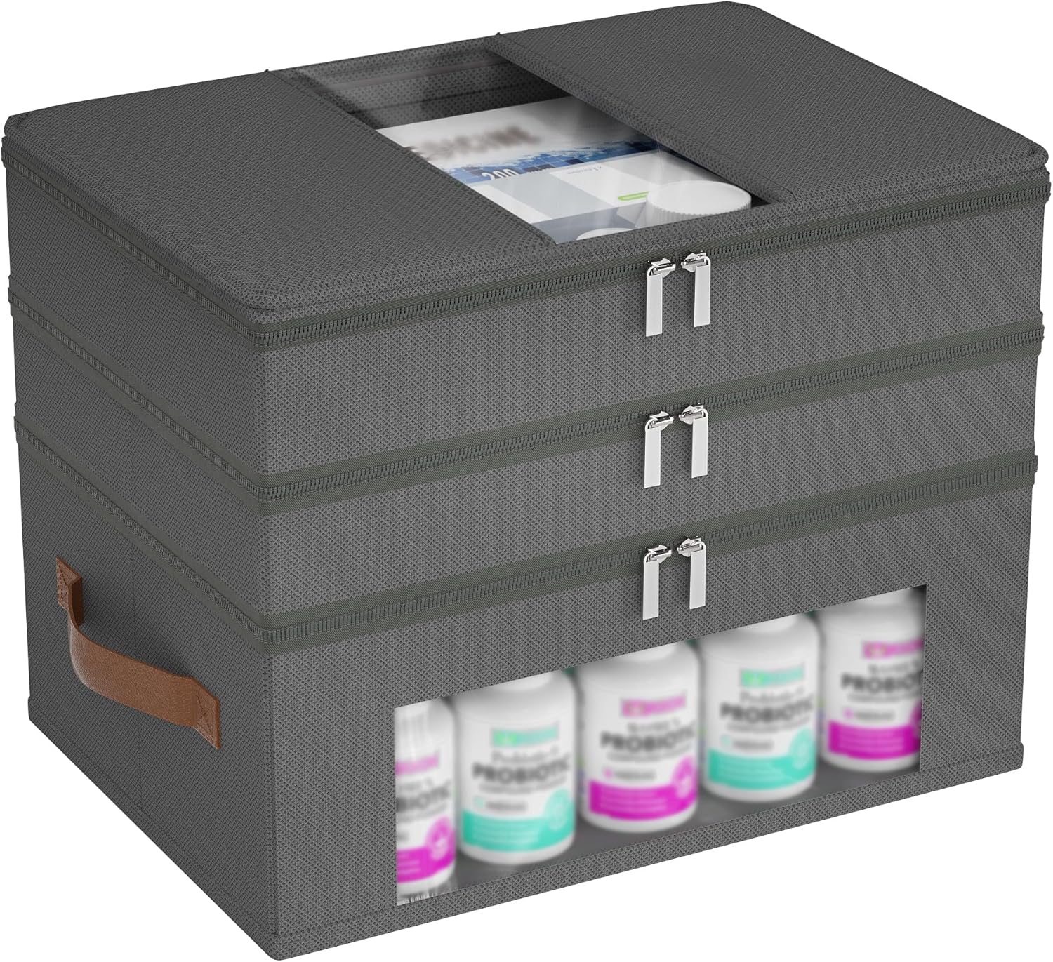 3-Tier Medicine Cabinet Organizer, Fabric Medicine Organizer for Cabinet with Leather Handle, Medicine Storage Box for First Aid, Organizers and Storage Home Must Haves (Grey)