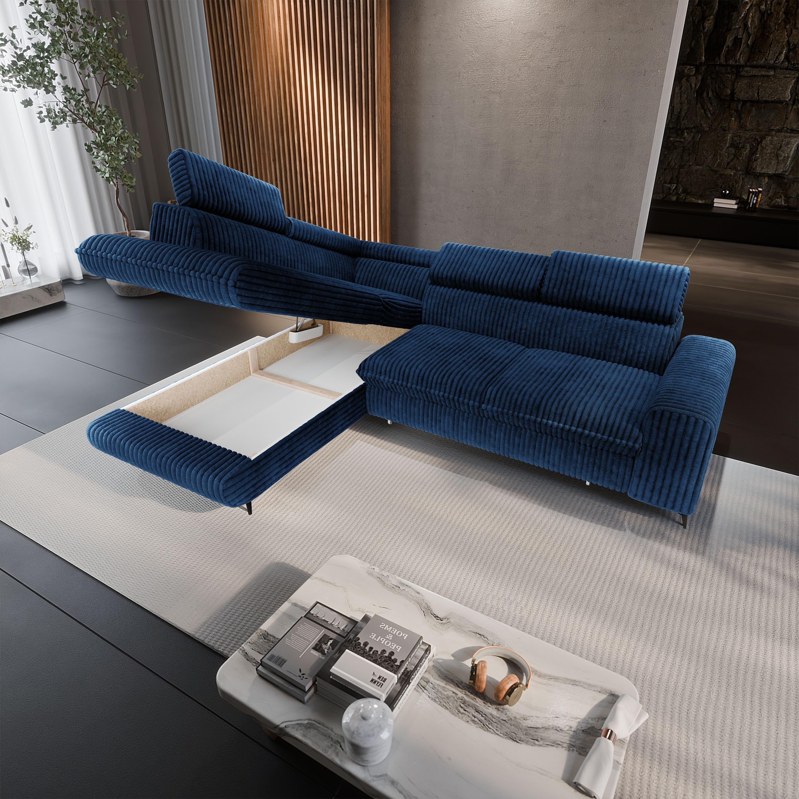 Masseno Ecksofa VELISS T L-S mit Schlaffunktion L-Form, Klassisch Sofa mit Bettkasten, Wohnzimmersofa, Couch, Soffa, Bettsofa, Couchgarnitur - Blau, TILIA 77