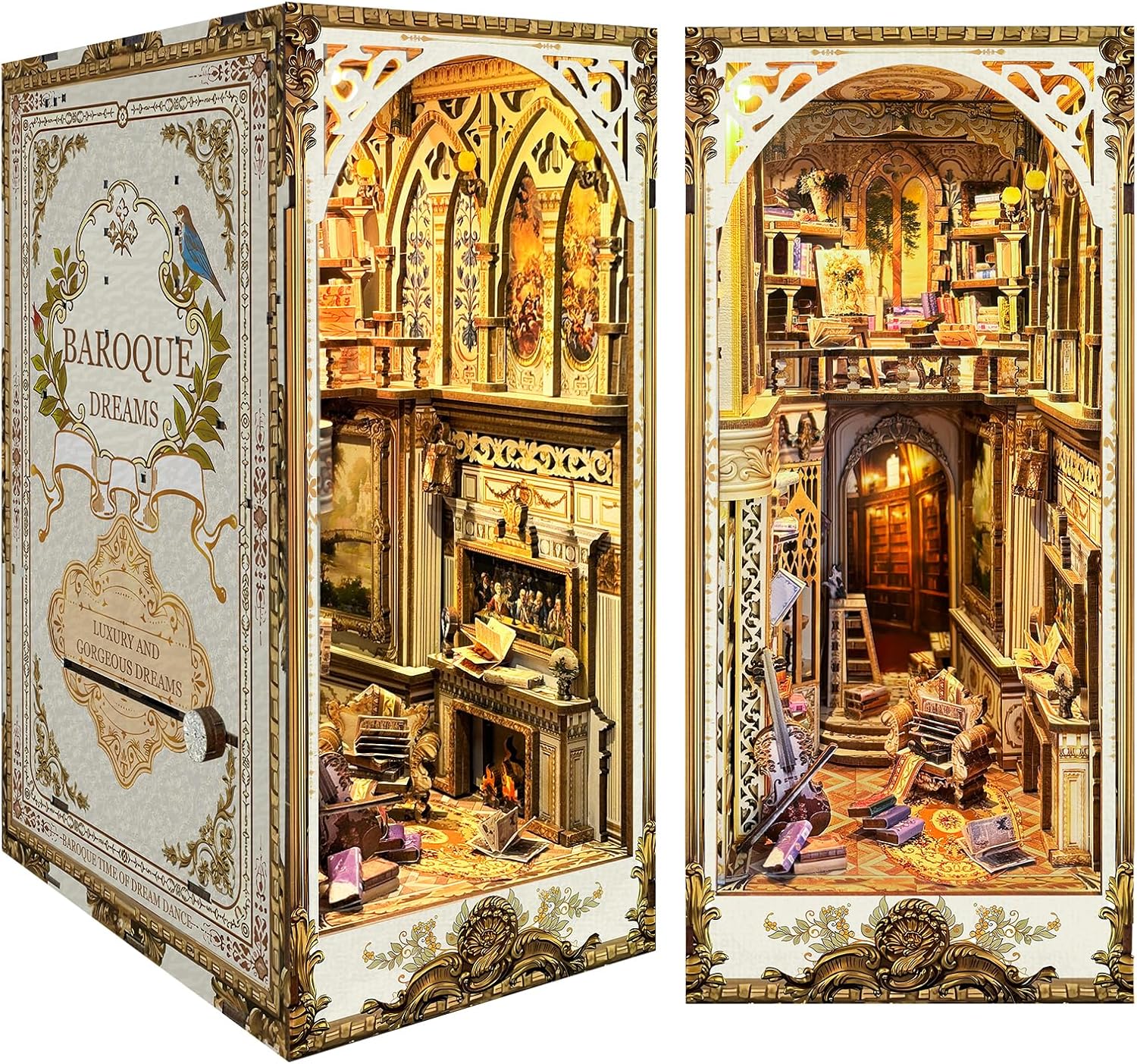 DIY Book Nook Kit – Bookend Diorama with LED – 3D Wooden Puzzle DIY Miniature House Kits – Bookshelf Insert Decor – Booknook Dollhouse Crafts Hobbies Gifts for Adults (Classical Library)