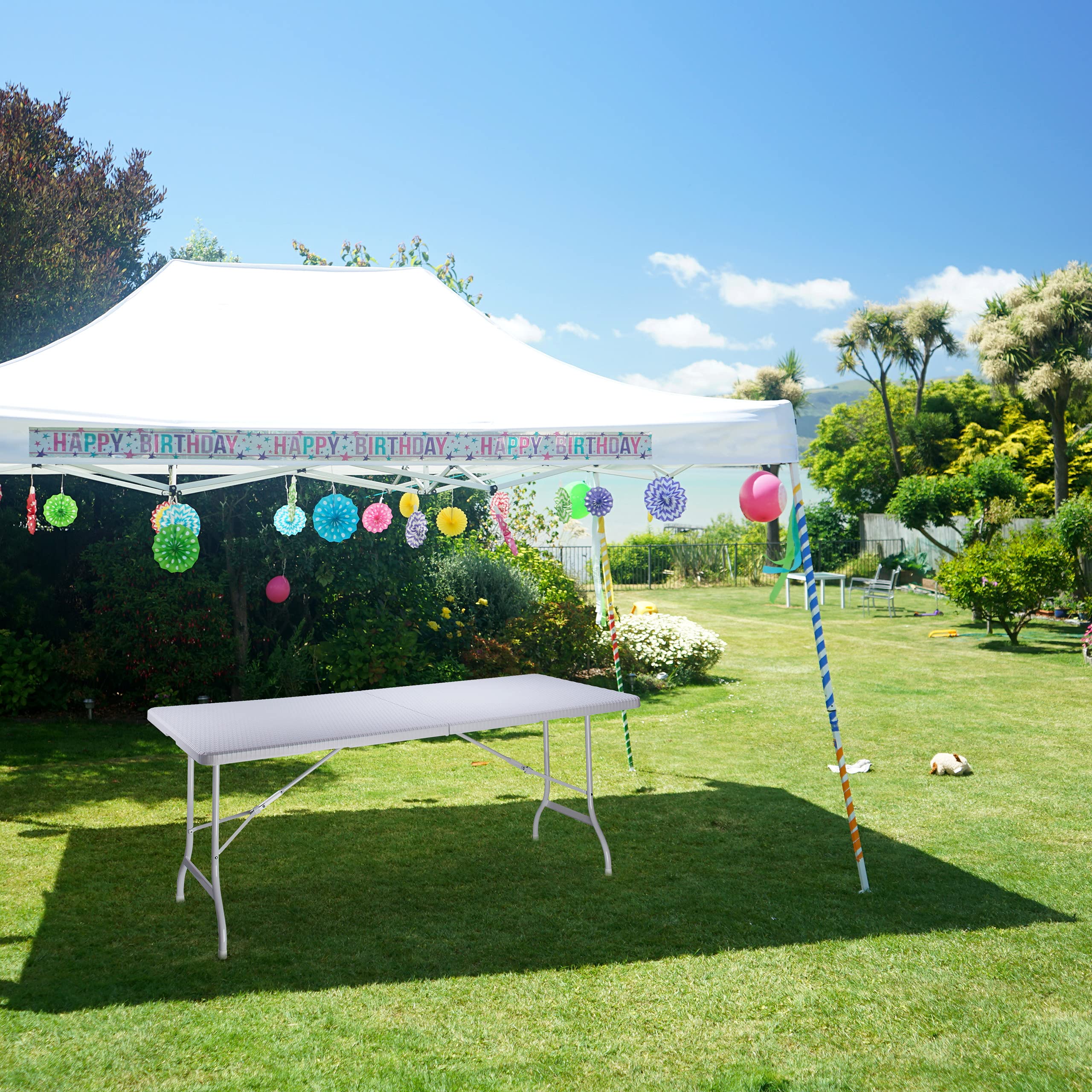 Relaxdays Tavolo da Giardino Pieghevole, Tavolino da Campeggio Picnic, con Maniglia, H x L x P 72x178x74 cm, Bianco