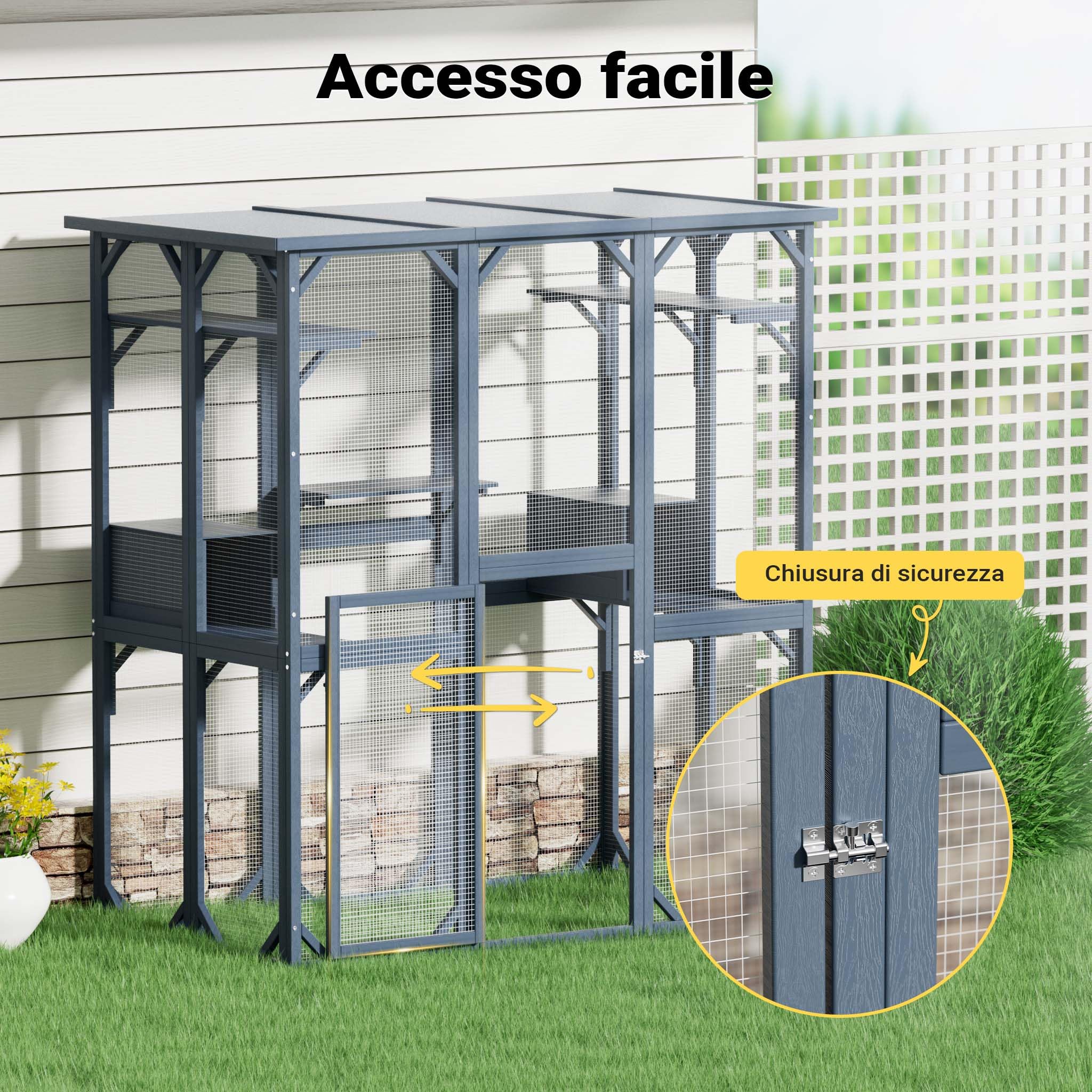 Wiltec Recinto per gatti da esterno 1705 x 925 x 1810 mm, recinzione antifuga in legno con tetto in asfalto, diversi livelli, per giardino, balcone, terrazzo