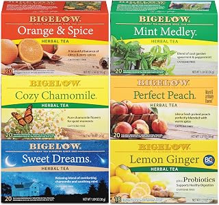 Bigelow Caffeine-Free Herbal Tea Variety Pack: 6 Flavors, 118 Tea Bags - Mint Medley, Cozy Chamomile, Peach, Lemon Ginger & More