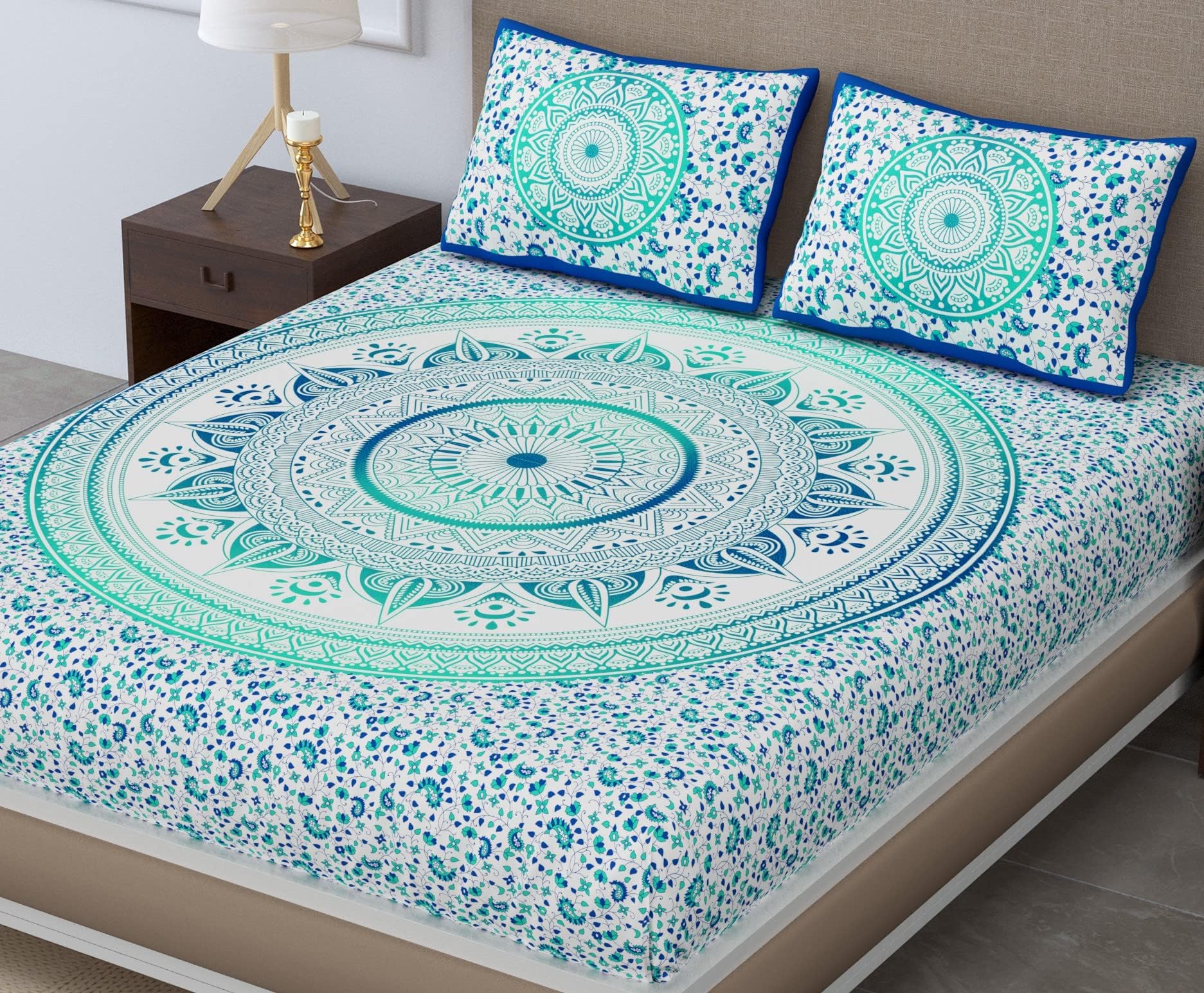 SheetKart 100% Cotton Double King Size Flat Sheet with 2 Pillow Cases Ombre Mandala Jaipuri Printed Flat Sheet - Turquoise