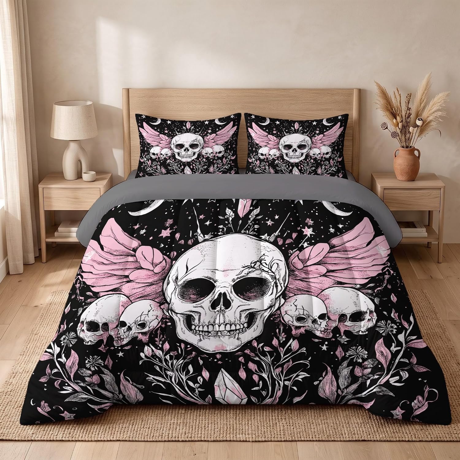 Celestial Gothic Quilt Set King 3 Pieces, Grayish Pink Quilts Bedding Set Star and Moon Skull Bedspread Bed Cover Lightweight Spring Summer Beds Coverlet for All Season - 104"X90"