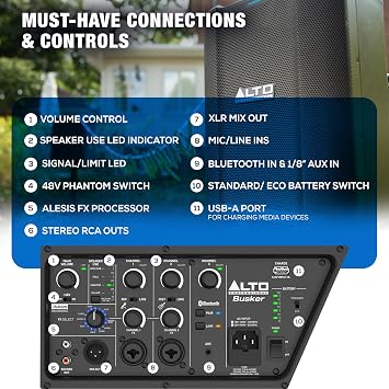 ALTO Busker 200W Portable PA Speaker System with Rechargeable Battery, Bluetooth, 3-Channel Mixer, Alesis FX, App Control, USB Charging