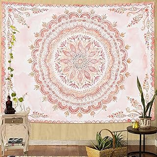 Fowocu Boho Floral Mandala Tapestry Wall Hanging Pink Bohemian Flower Me...