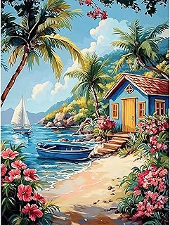 Beach Stamped Cross Stitch Kits for Adults -Flower Embroidery Kits for Beginners Adults,11 CT Patterns Dimensions Counted Cross Stitch Kits for Adults Arts Craft 12x16 inch