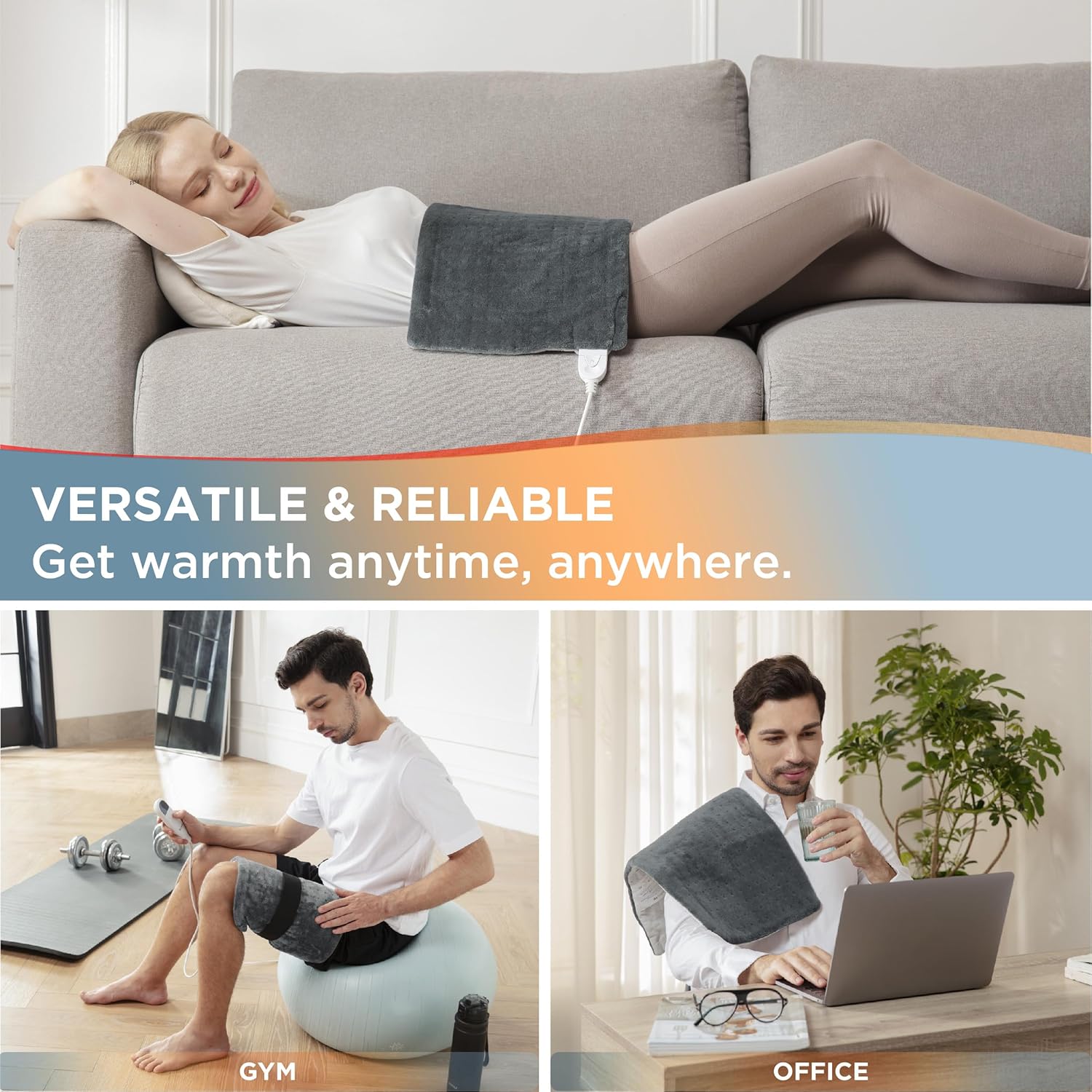 Images showing the heat pad being used in various scenarios: on a sofa, in a gym, and in an office setting.