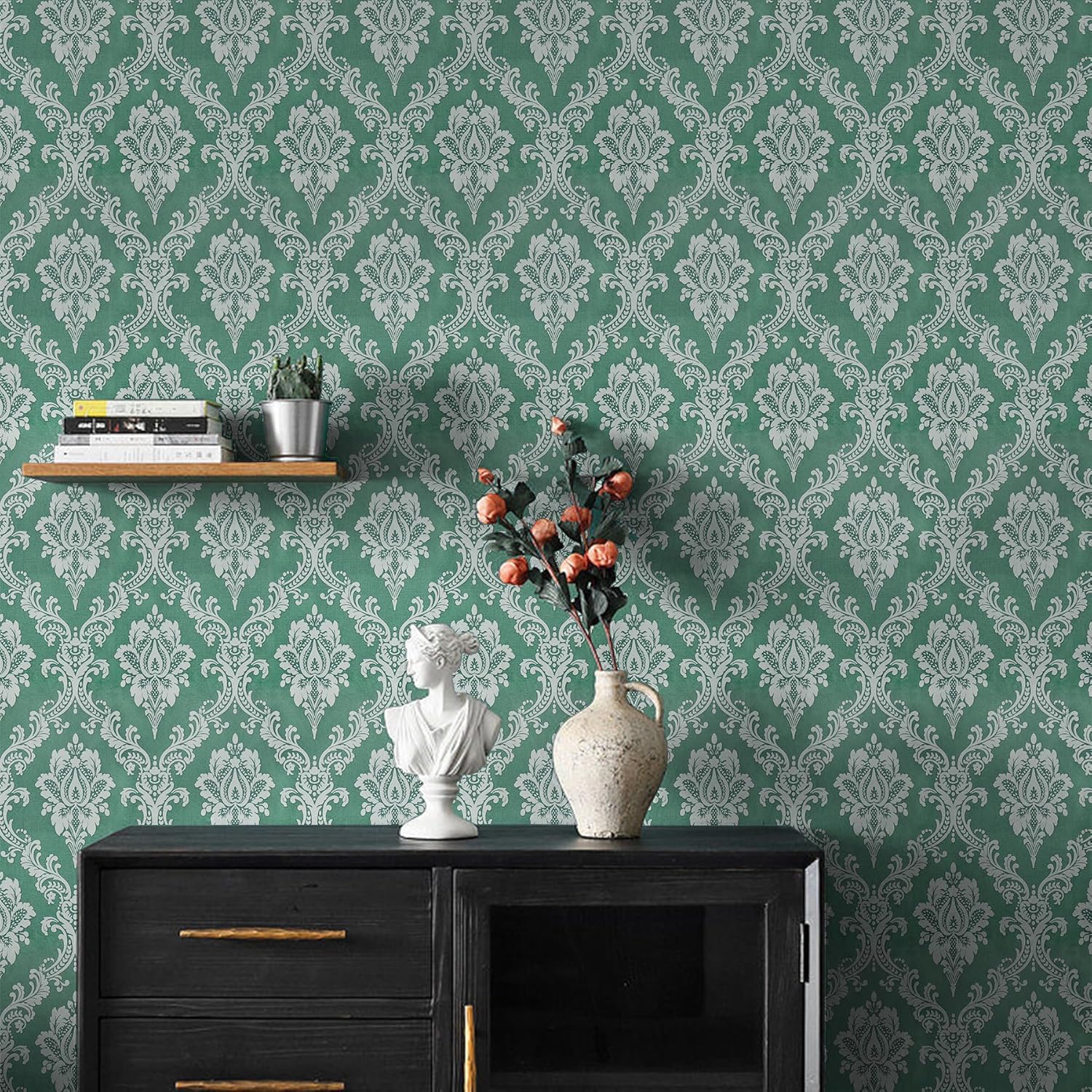 Amazon.com: Micpolo 17.7"×118" Peel and Stick Wallpaper Green Damask ...