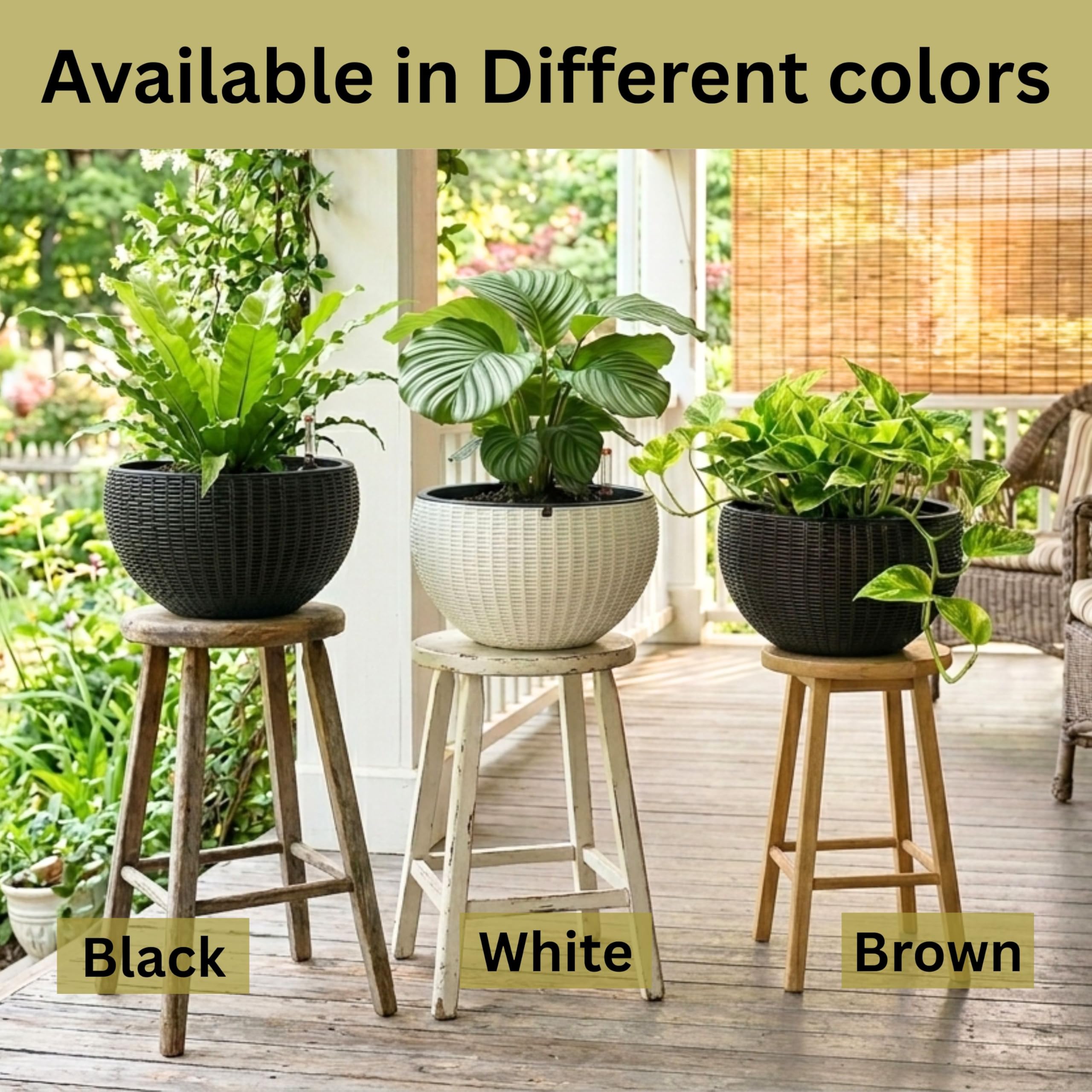 LáLáGreen Vaso Sospeso Autoirrigante da 28 cm con Indicatore del Livello dell'Acqua, Fioriera Rotonda Effetto Rattan con Catena in Metallo per Balcone, Giardino e Terrazza (3)