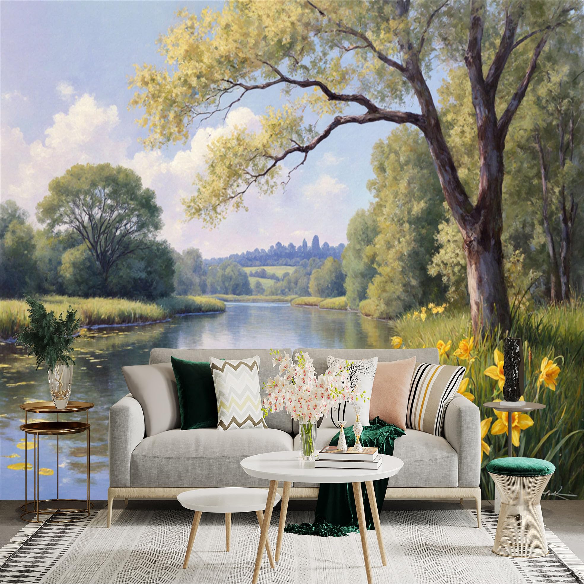 Custom Size Wall Sticker Mural， Peaceful River Landscape， Blooming Daffodils by the Water， Serene Trees and Clouds， for wall Decoration， peelandstick wall Decals.